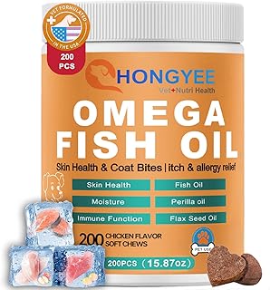 Fischöl für Haustiere (mit Threonin, Vitaminen A/C/E, Omega 3-DHA+EPA, Perilla & Leinsamenöl) - 200 Kapseln/Flasche. Lindert juckende Haut, fördert gesunde Haut und glänzendes Fell für Hunde