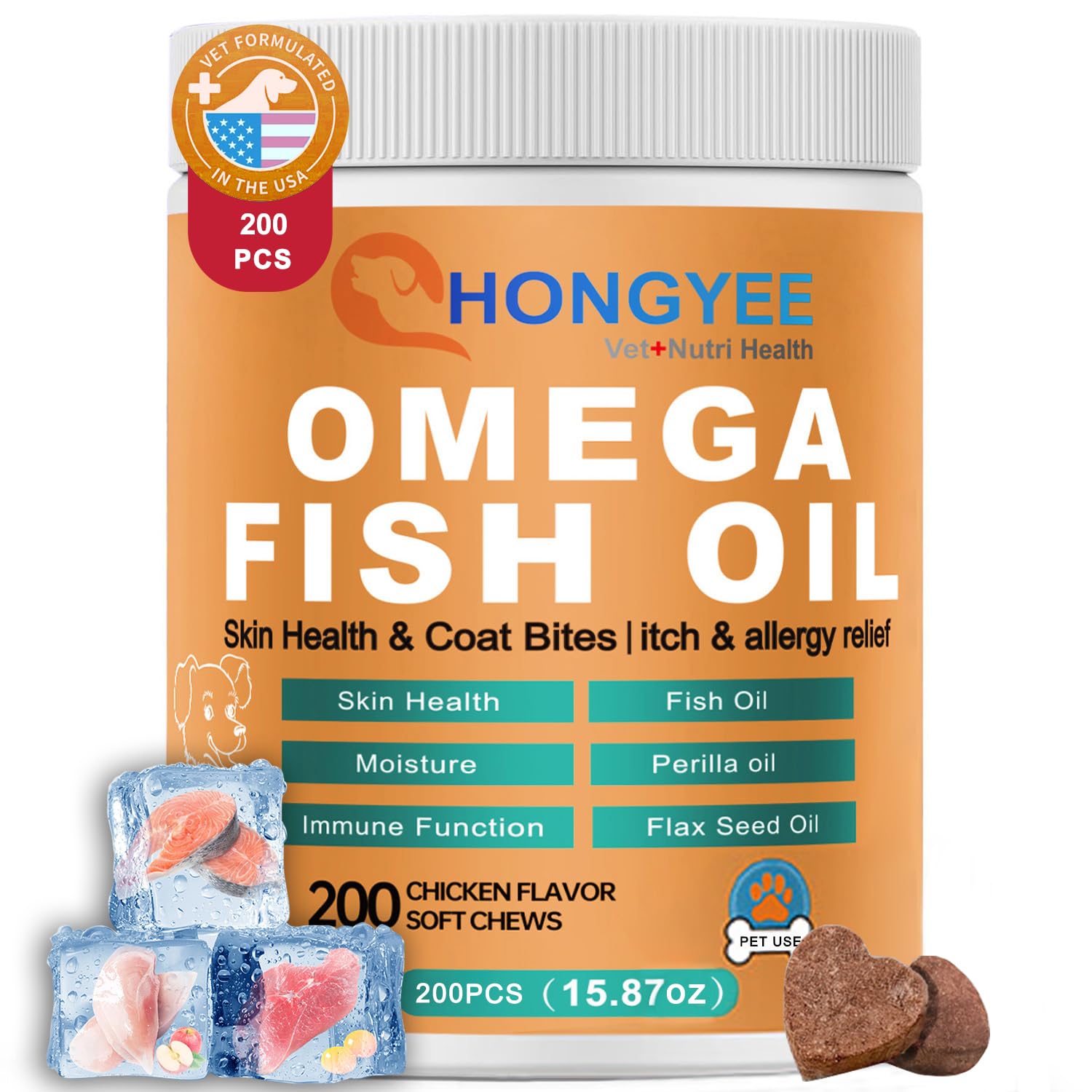 Olej rybny dla zwierząt (treonina, witamina A/C/E, omega-3 DHA+EPA, olej perilla, olej lniany) — 200 kapsułek/butelka. Łagodzi swędzenie, poprawia kondycję skóry psów i nadaje sierści połysk