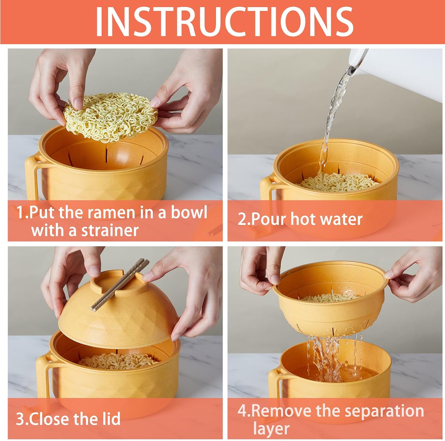 2 Sets 40 oz Microwave Ramen Bowl with Handles, Yellow,Orange image 4