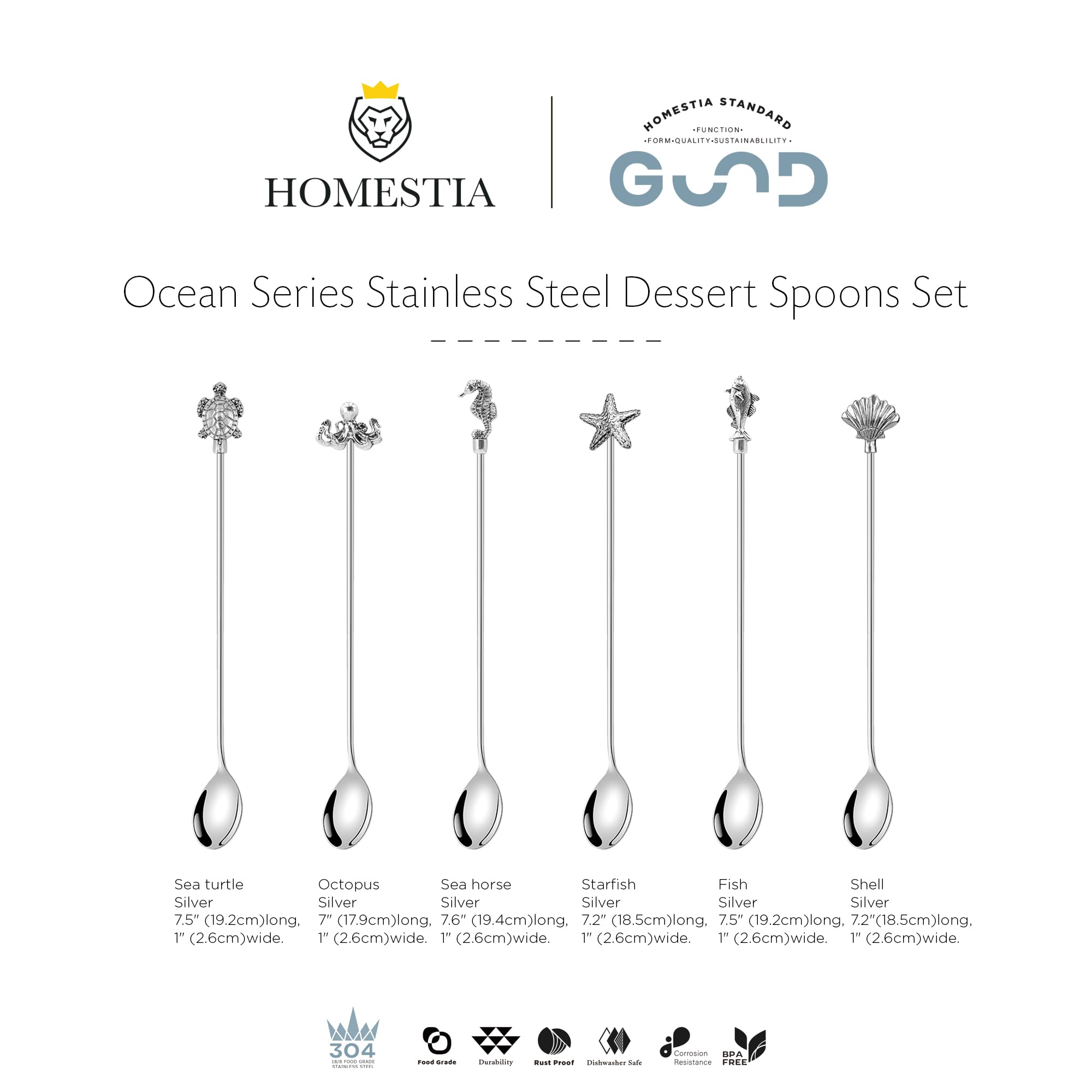 Homestia Juego de 6 cucharaditas de 7 pulgadas, cucharas de postre de acero inoxidable 304, agitadores de café, cucharas de mango largo para mezclar bebidas