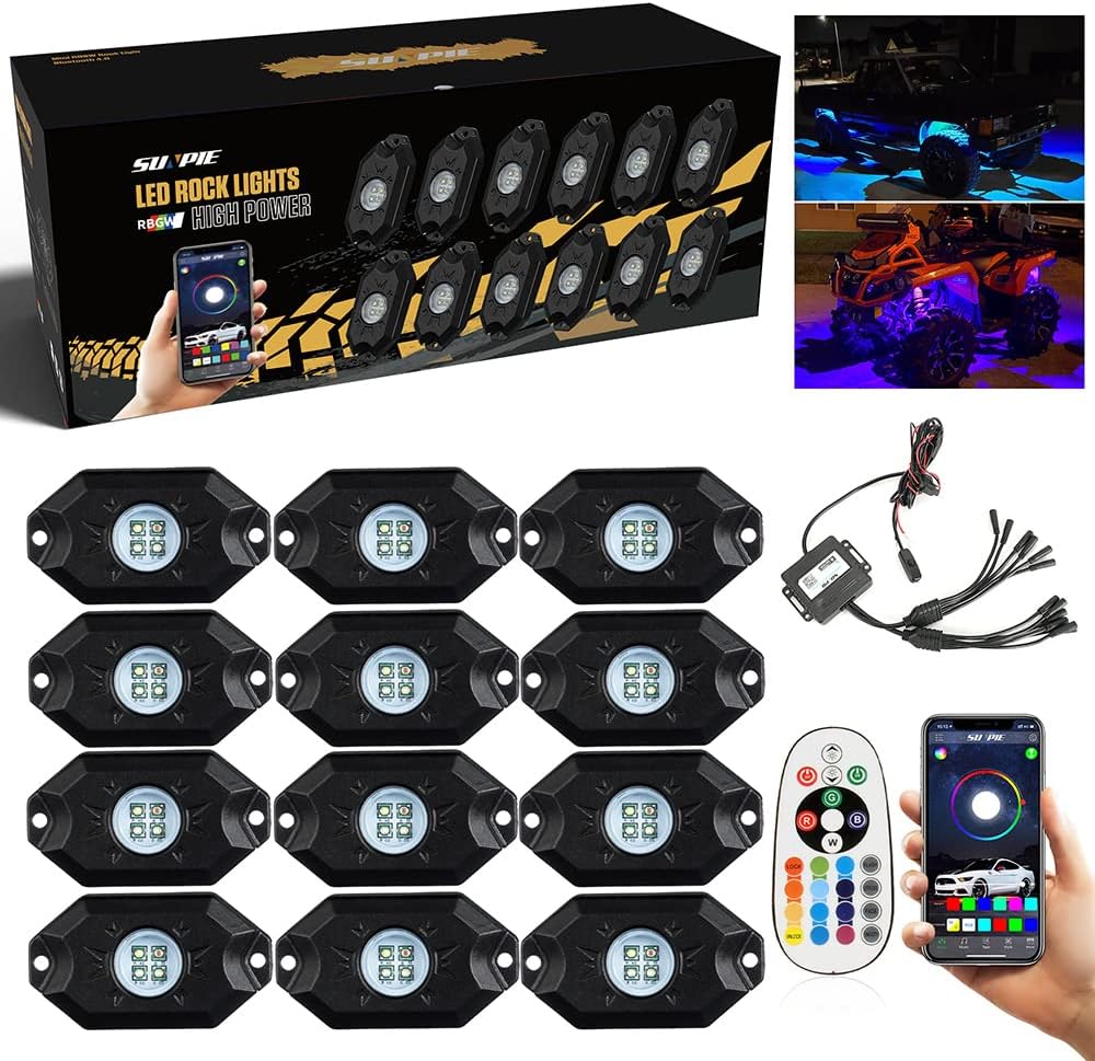 SUNPIE 4 Pods RGBW Rock Lights Aluminium Metal Underglow Light Kit App RF Voice Mode Music Mode Multicolor Wheel Well Lights for Off Road Trucks SUV ATV UTV Trailer Boats