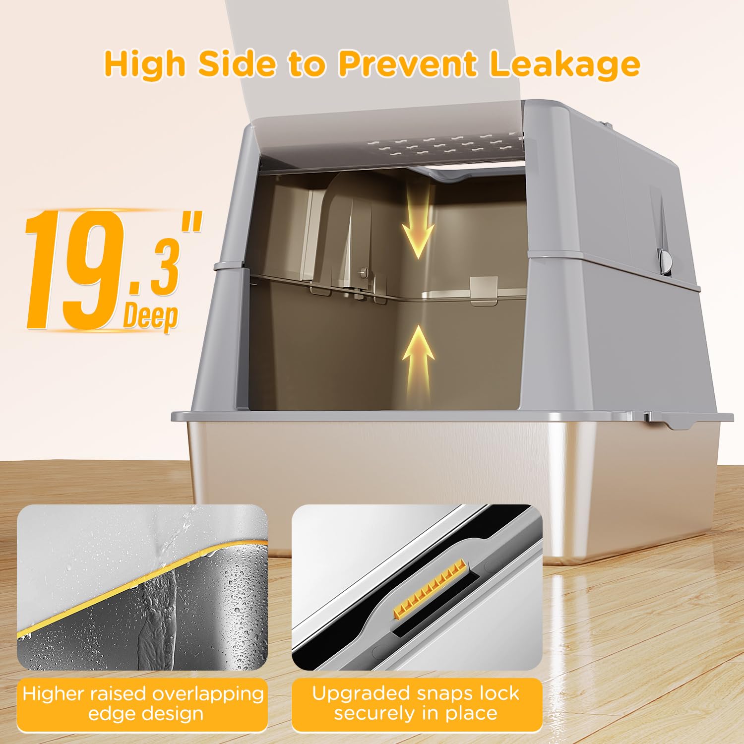 XXL Stainless Steel Litter Box with Lid, 27.5''x19.7''x19.3'', Modular Design & Flip Lid of Closed Metal Litter Box Fit All Cats, Covered High Sided Cat Box, Non-Sticky, Easy to Clean, Grey - image 2