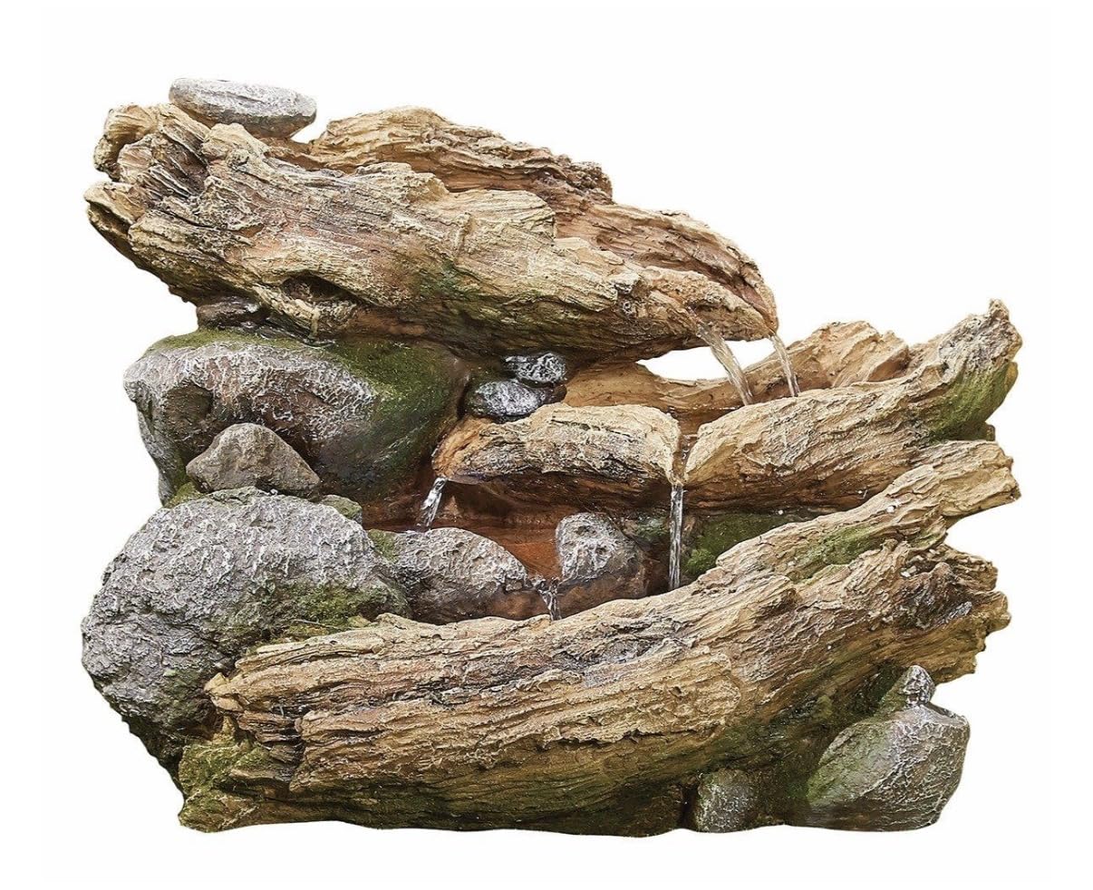 Rustic Log & Rock Garden Water Feature with LED Lights – Self Contained Outdoor Waterfall Fountain, Woodland Style Resin Garden Fountain with Pump, Mains Powered Cascading Patio Water Feature