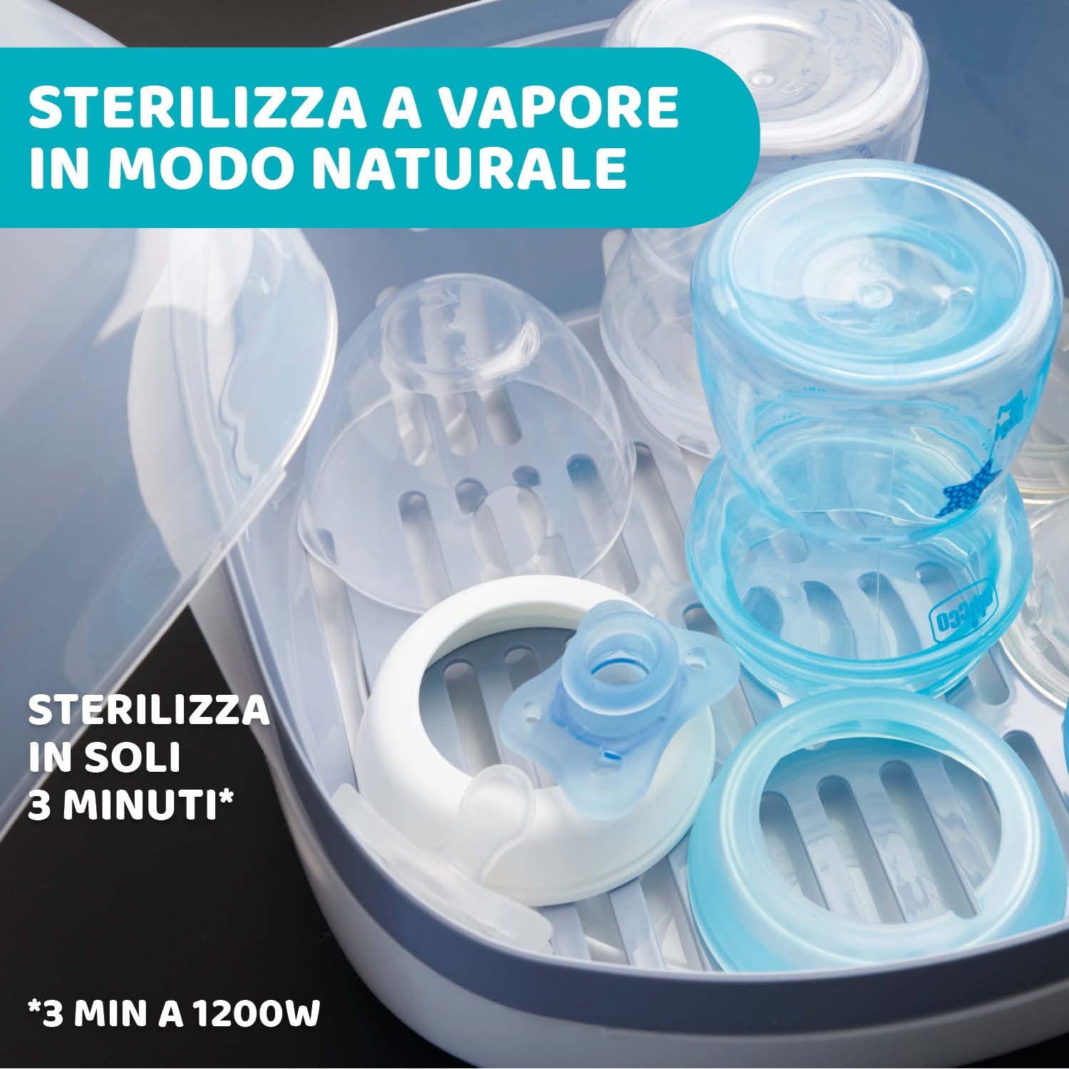 Chicco Sterilizzatore Biberon Microonde, Sterilizza in Modo Semplice e Veloce, Contiene fino a 5 Biberon, Adatto anche per Ciucci, Leggero e Compatto, Ideale da portare in Viaggio, Facile da Pulire