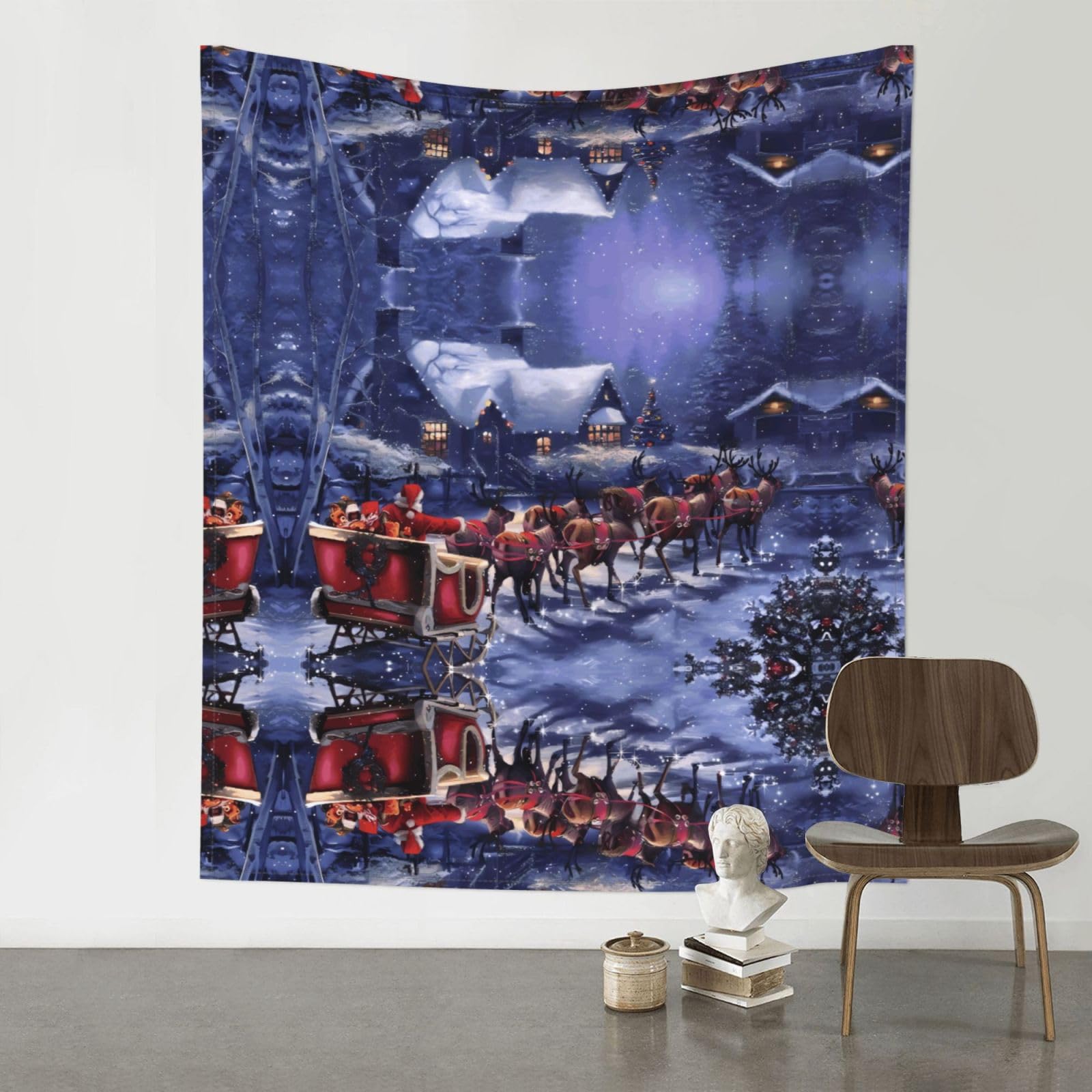 WHJSHOP Snow Night Santa and Deer Prints 60x51in Wall Tapestry Boho Throw – Durable Polyester Home Decor Dorm Room Beach Blanket