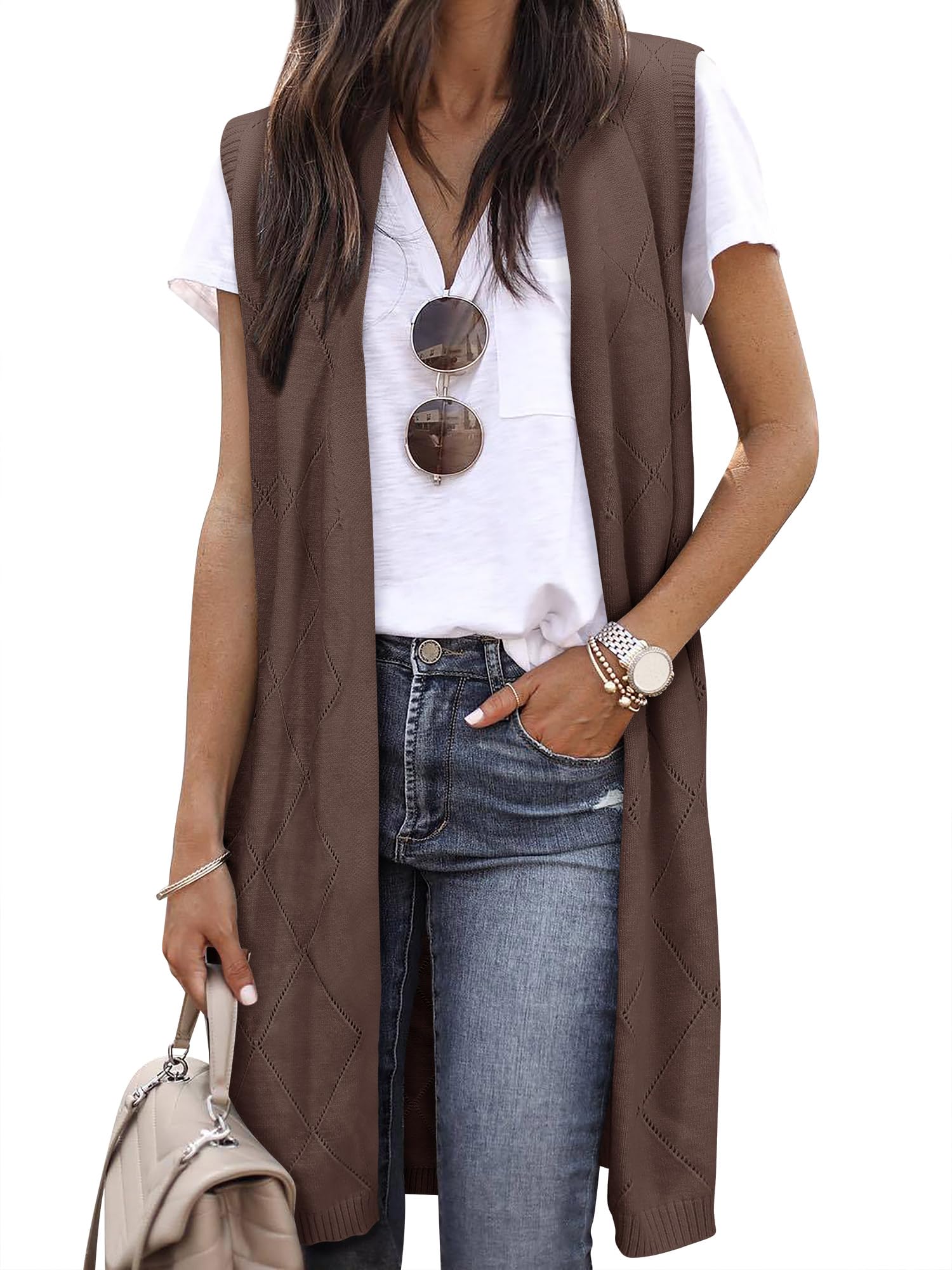 ZXZY Sleeveless Cardigans for Women Cozy Trendy Open Front Sweater Duster Long Vest