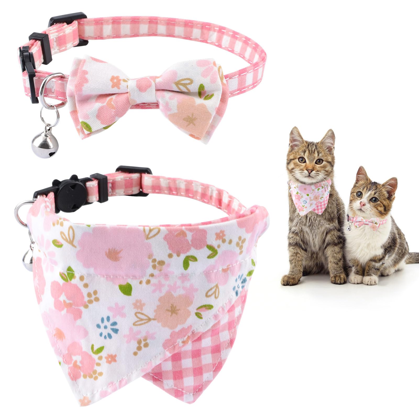 HACRAHO Bowtie Cat Collar with Bell,2 PCS Grid and Floral Patterns Leather Cat Bandana Collar Adjustable Breakaway Kitten Collars with Removeable Bow Pink Girl Cat Collars(Pink)