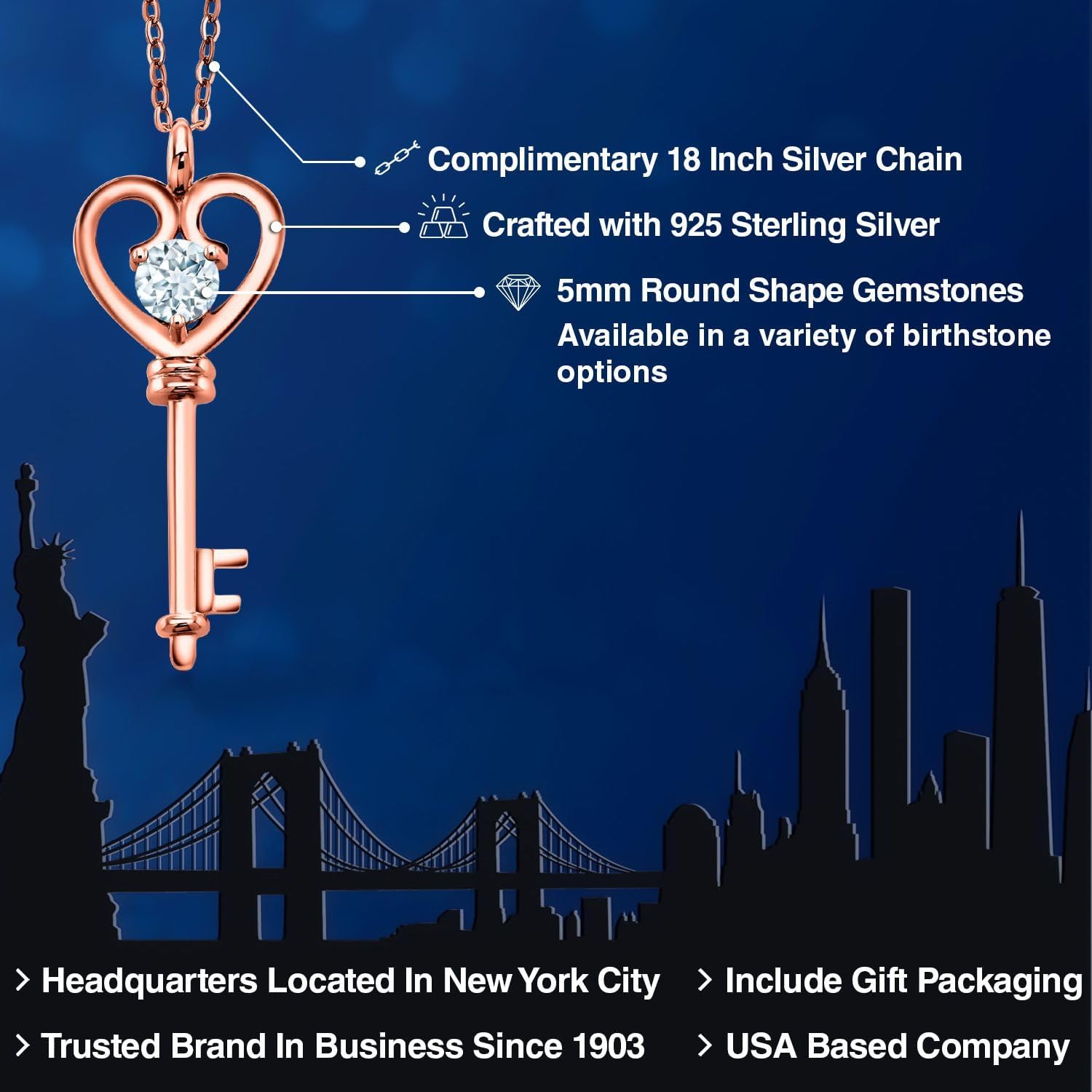 Gem Stone King 18K Rose Gold Plated Silver Heart Key Pendant Necklace For Women | Round 5MM | Gemstone Birthstone | Mom Wife Birthday Anniversary Graduation Gifts | With 18 Inch Silver Chain