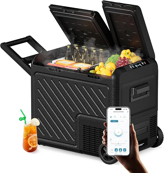WOLFBOX 12V Car Refrigerator, 48 Quart Dual Zone Car Fridge, Portable Freezer(-8℉~68℉) with 12/24V DC 100/240V AC, APP Control Electric Cooler for Car, RV, Camping, Travel and Home Use 48qt