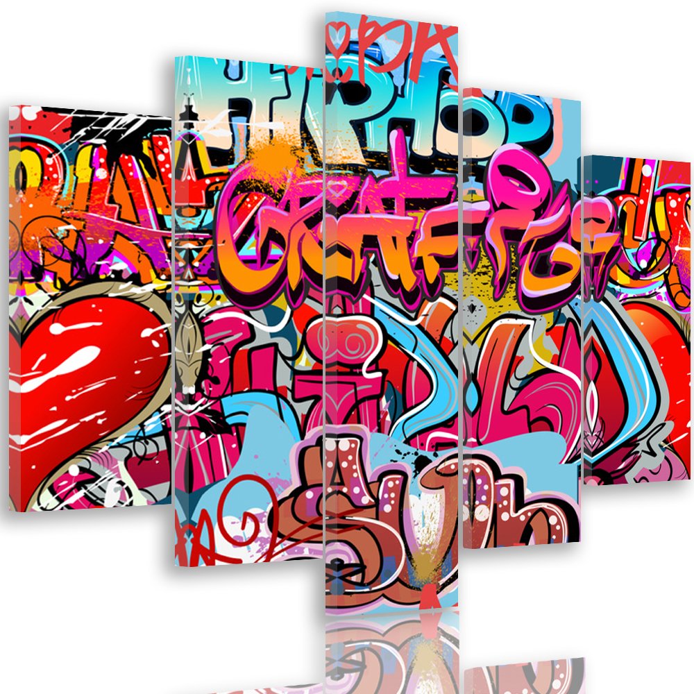 Feeby Frames, Quadro multipannello di 5 pannelli, Quadro su tela, Stampa artistica, Canvas Tipo A, 70x100 cm, SCRITTA, GRAFFITI, HIP HOP, COLORE, ARTE