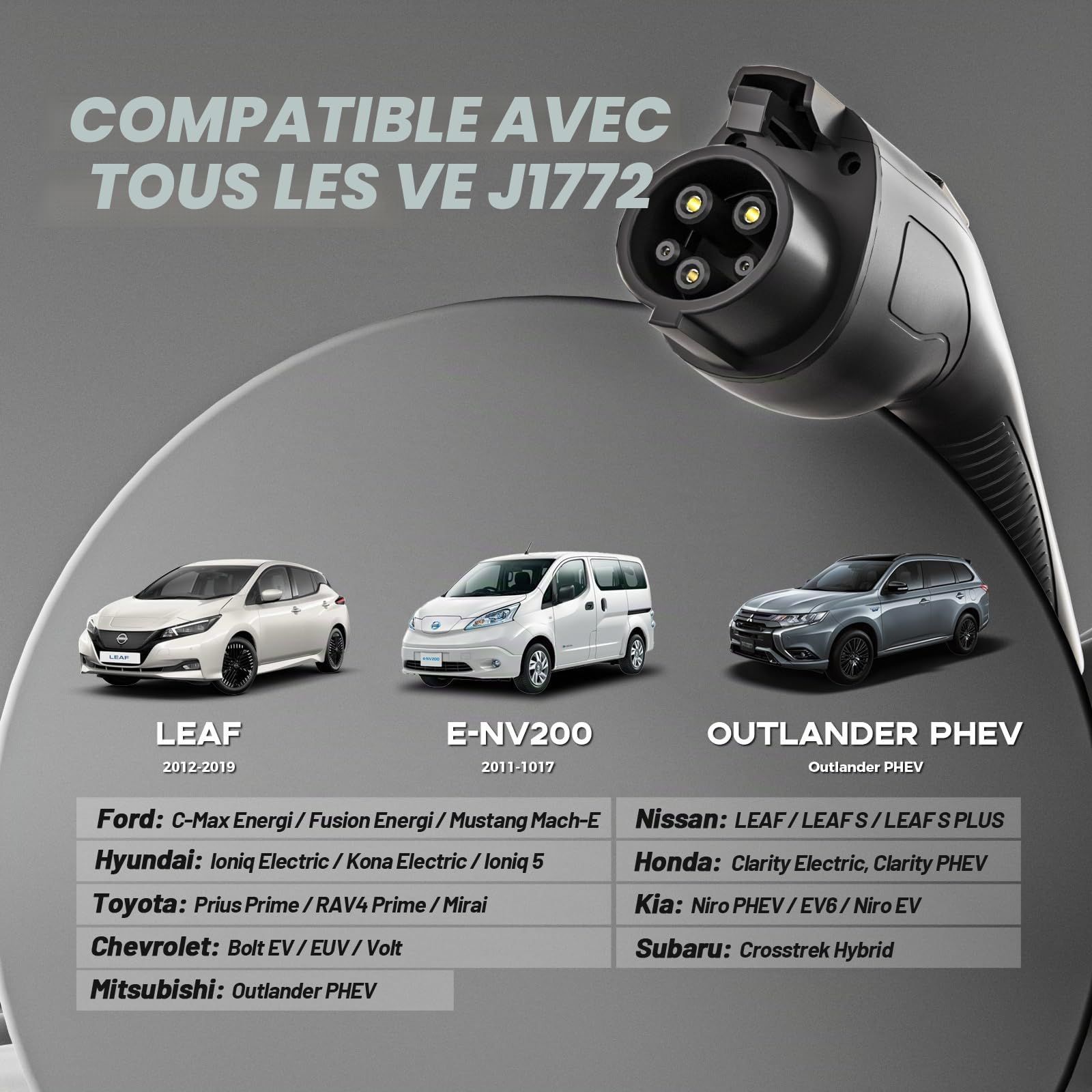 Câble de charge EV Type 2 vers Type 1 - 5 m, 7,2 kW / 32 A, mâle type 2 (IEC 62196) à prise type 1 (SAE J1772), adaptateur de charge pour véhicules électriques J1772, pour IONIQ 5/Bolt EV/EV6