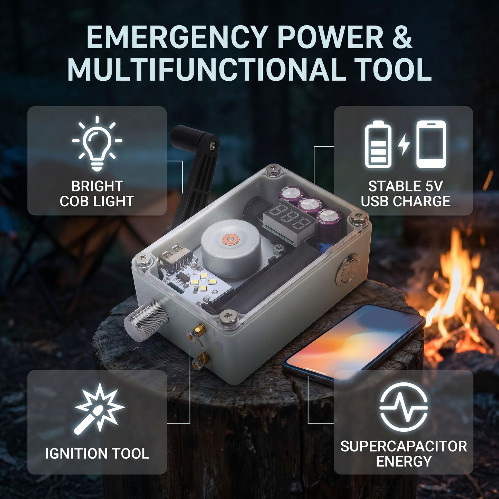 Sopravvivenza Al Generatore a Manovella di Emergenza 5 in 1 | con Memoria Supercondensatore Caricatore USB COB Luce da Campeggio e Strumento di Accensione per Interruzione di Corrente