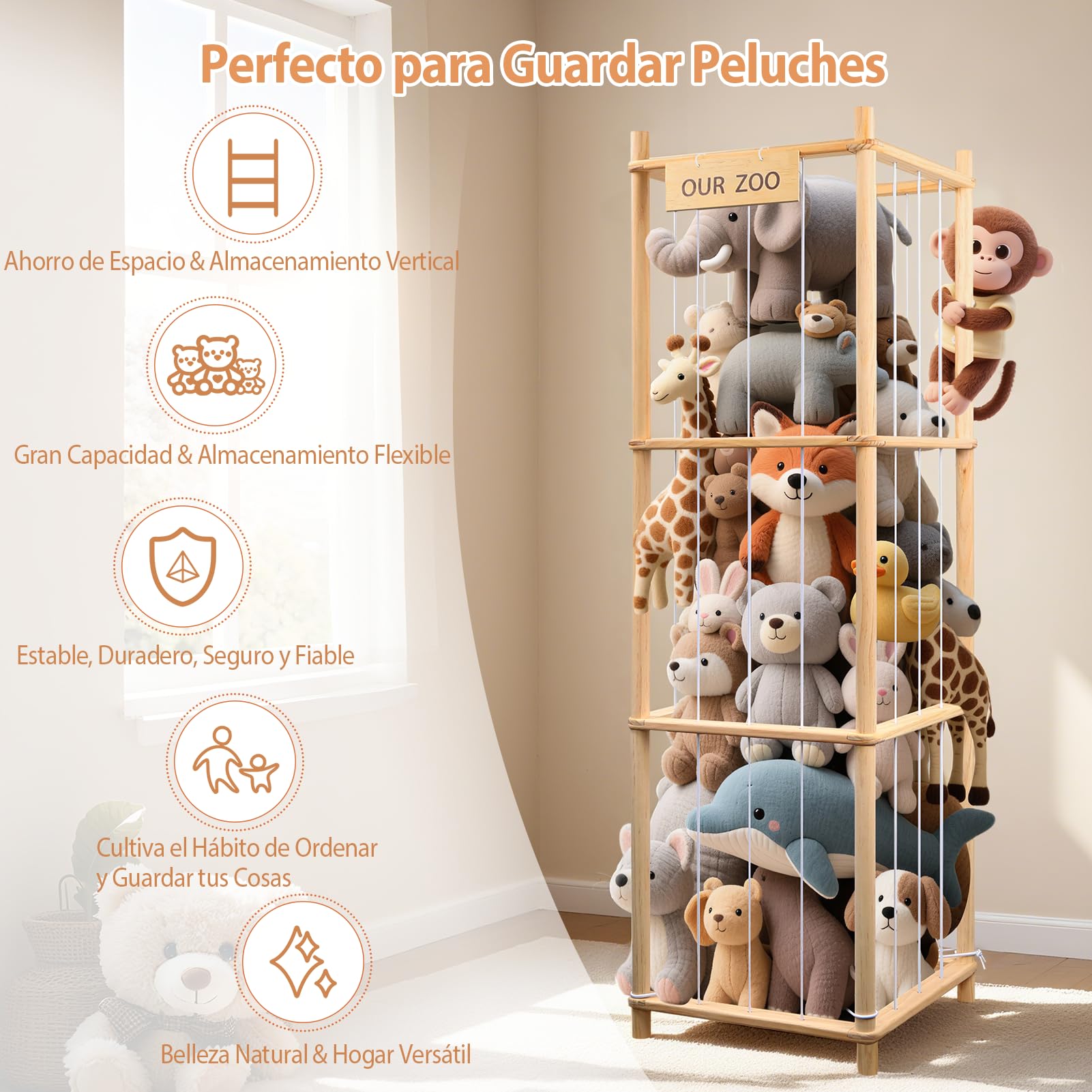 Organizador de Peluches, Gran Capacidad (136x40x40 cm), Ahorro de Espacio en Madera para Niños, Habitación, Sala de Juego, Dormitorio, Sala de Estar