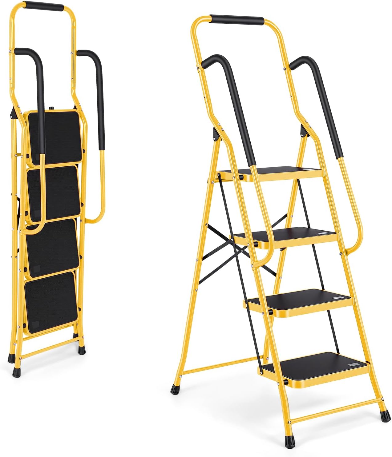 Step Ladder 4 Step Folding with Handrails, Sturdy Steel Portable Ladder, Folding Step Stool with Wide Anti-Slip Pedal, Lightweight Step Stool Foldable for Library Home Garage Office,Yellow