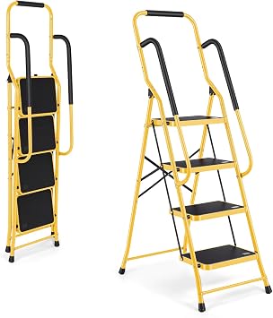 Step Ladder 4 Step Folding with Handrails, Sturdy Steel Portable Ladder, Folding Step Stool with Wide Anti-Slip Pedal, Lightweight Step Stool Foldable for Library Home Garage Office,Yellow