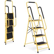 Step Ladder 4 Step Folding with Handrails, Sturdy Steel Portable Ladder, Folding Step Stool with Wide Anti-Slip Pedal, Lightweight Step Stool Foldable for Library Home Garage Office,Yellow