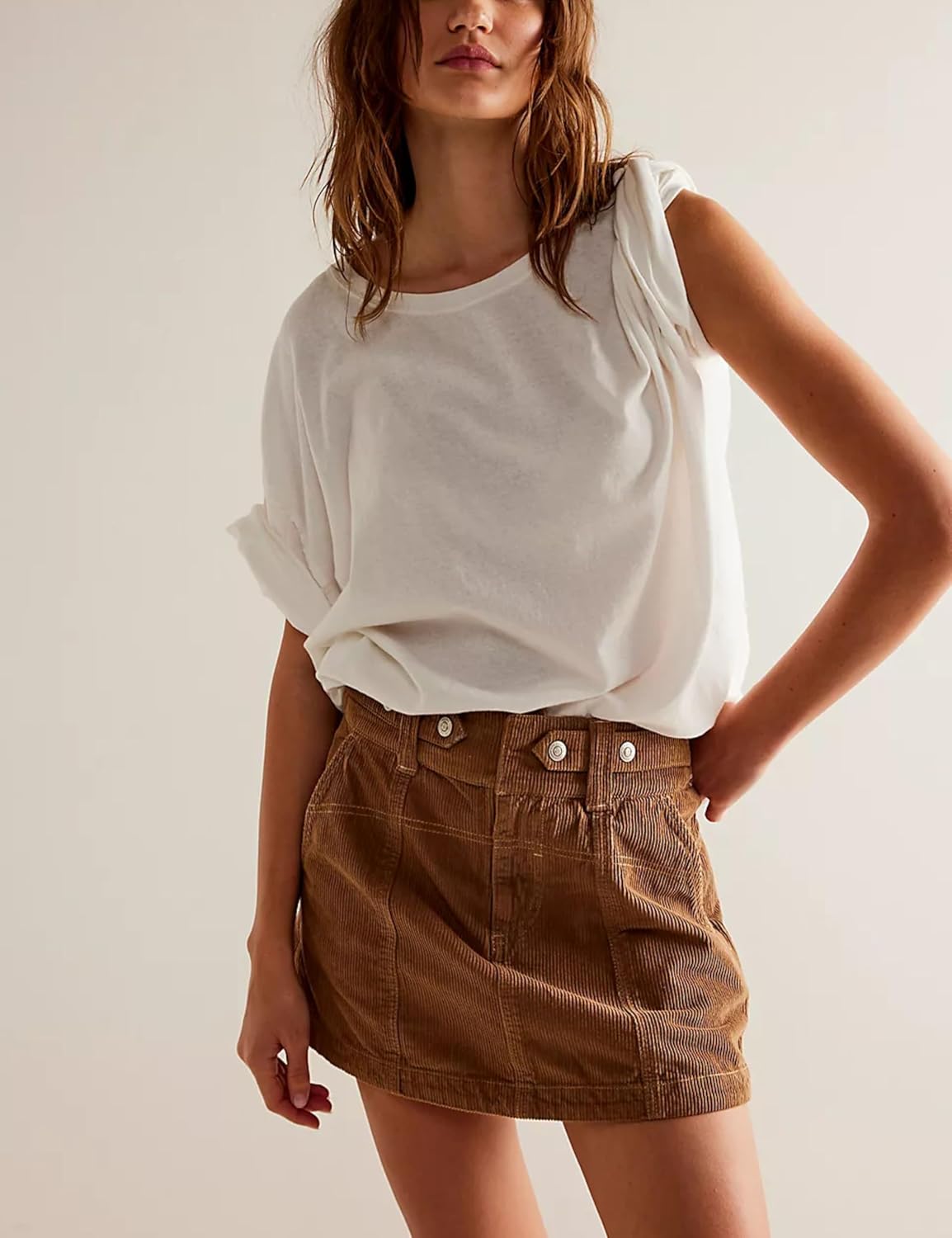 Womens Corduroy High-Rise A-line Silhouette Mini Zip Placket Button Loop Closure Skirt with Pockets - Image 2