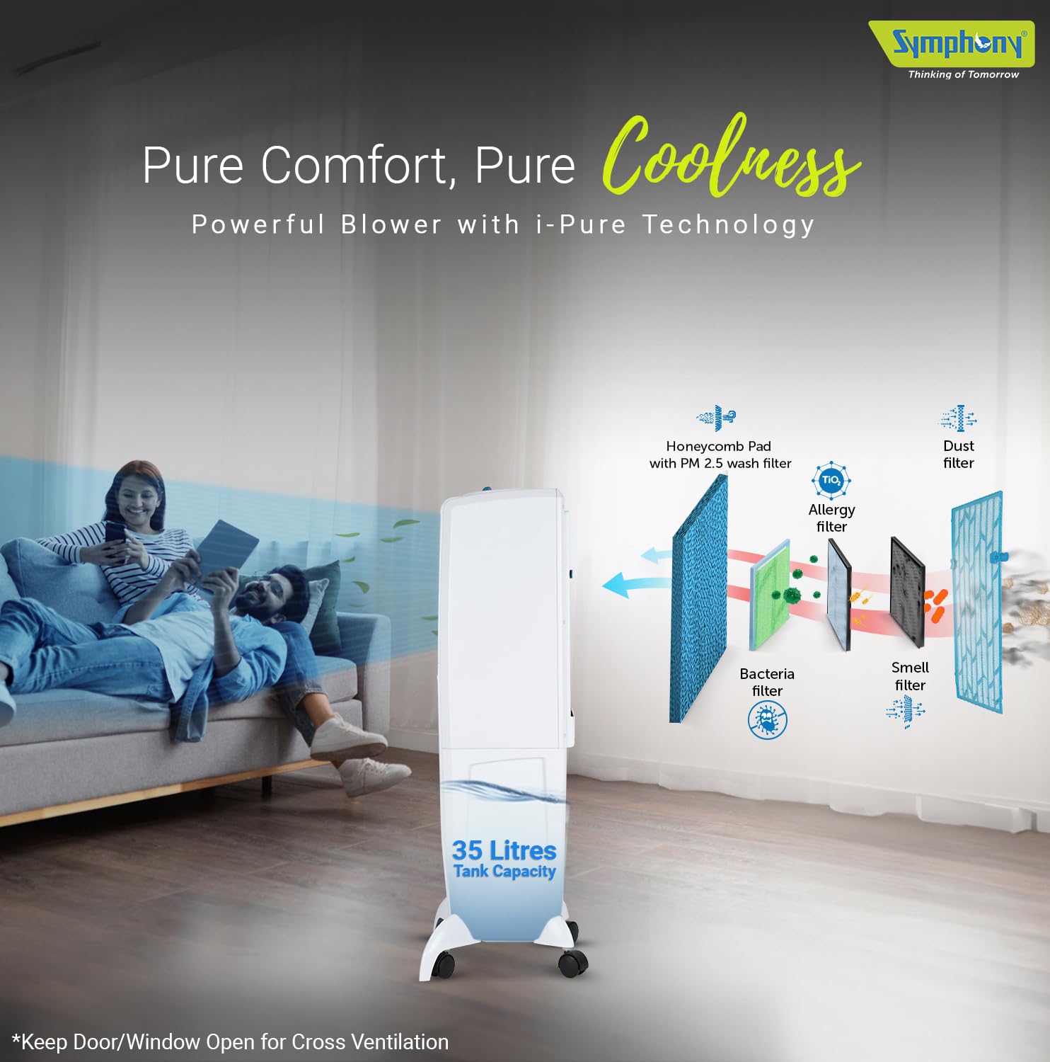 Symphony Diet 35T Personal Tower Air Cooler For Home With Honeycomb Pad, Powerful Blower, I-Pure Technology And Low Power Consumption (35L, White)