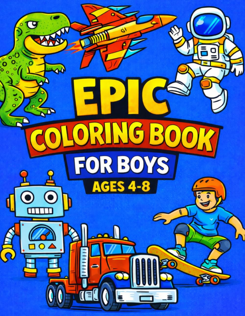 Epic Coloring Book for Boys Ages 4-8: 50 Awesome Art, Robots, Astronauts, Cars, Vehicles Coloring Pages for Kids
