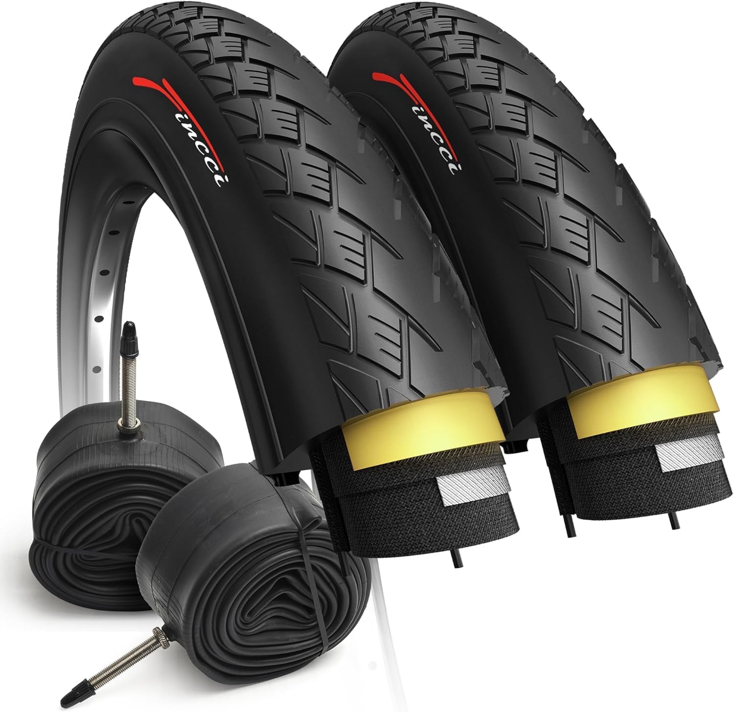 Fincci Foldable Kevlar 700x38c Bike Tire & 40-622 Inner Tubes (Schrader/Presta) – Semi-Slick 700c Tyres with Nylon Puncture-Resistant Belt, Fast-Rolling 28" Set for Hybrid, City & Commuter Bicycles