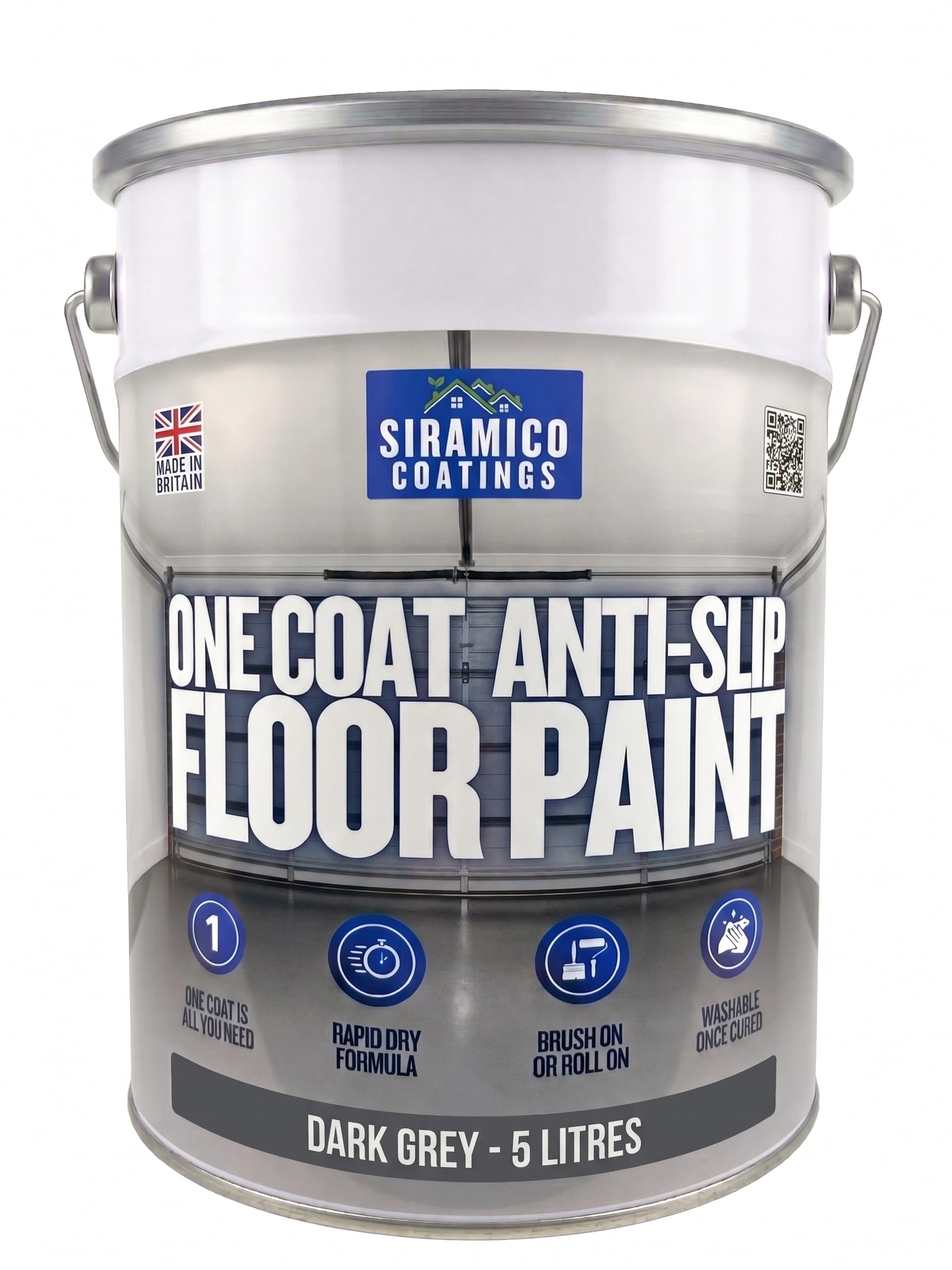 SIRAMICO COATINGS One Coat Anti-Slip Floor Paint | 5 Litres | 5 Modern Colours I Waterbased, Quick Drying Formula | White, Black, Greys (Dark Grey, 5 Liters)