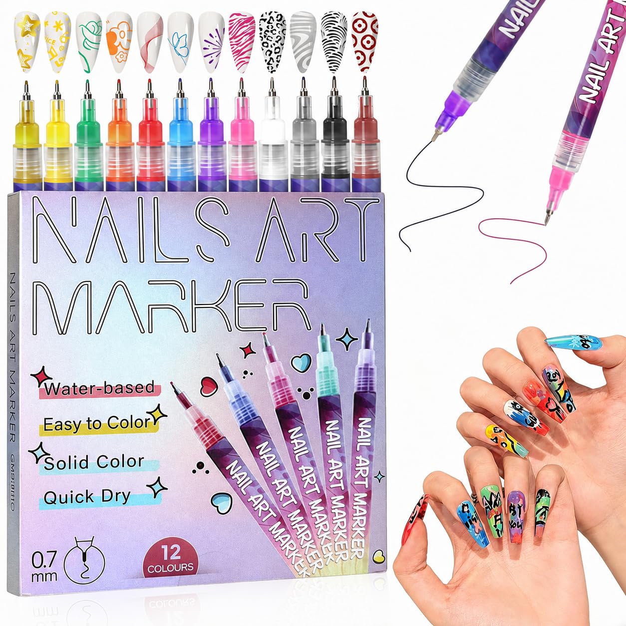 SHINETOY Nail Art Pens Set, 12 Colours with Ultra-Fine 0.7 mm Tip, Quick-Drying Waterproof Nail Doodle Markers for Dotting, Lining and Drawing, with Design Guide for Girls, Women and Beginners-image-41