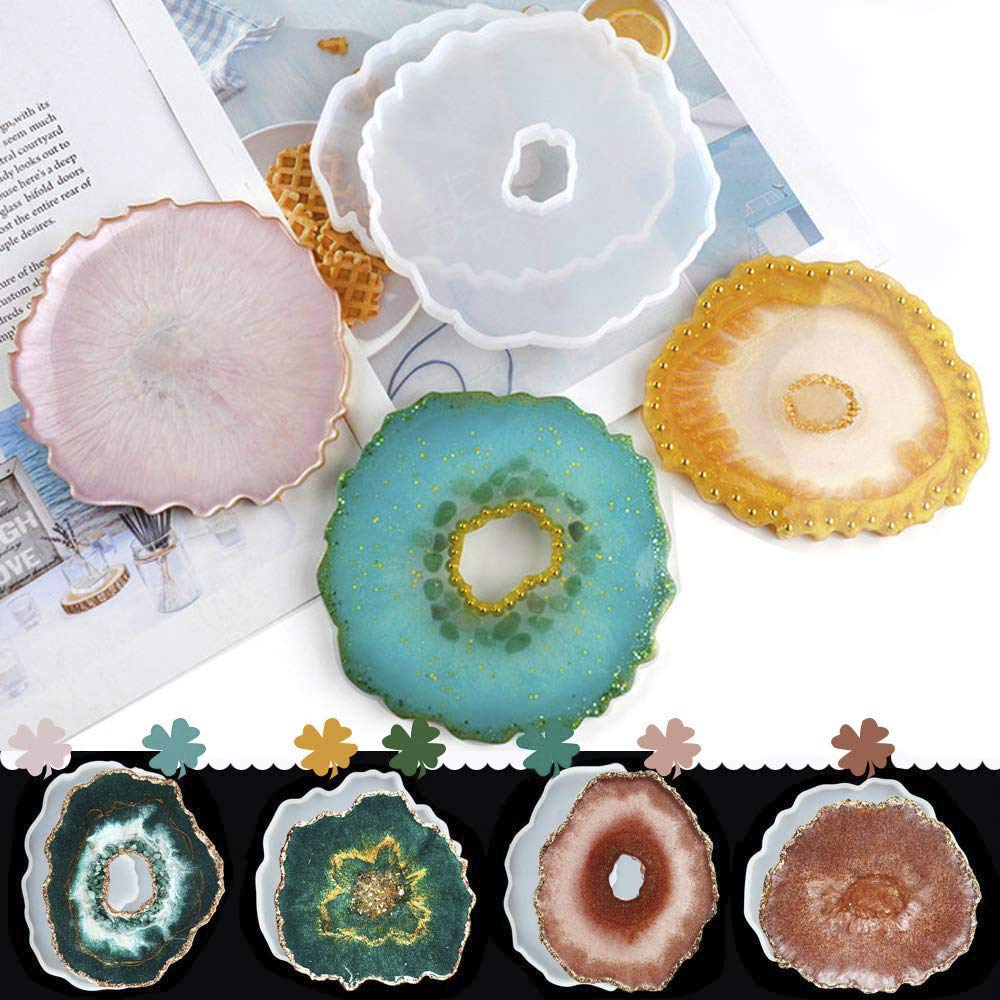 GreenDream 4PCS Silicone Molds, Resin Coaster Molds with,Hollow Agate Coaster Epoxy Molds Silicone Resin Molds for for Making Faux Agate Slices,Coasters, Home Decoration