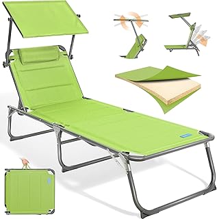 Homecall Sonnenliege Klappbar Mit Dach, Kopfstütze, 5-Fach Verstellbare Rückenlehne, 200 x 70 cm Gartenliege Wetterfest, Garten Liegestuhl Klappbar Leicht, Bis 180 kg für Garten, Balkon - XXL,Grün