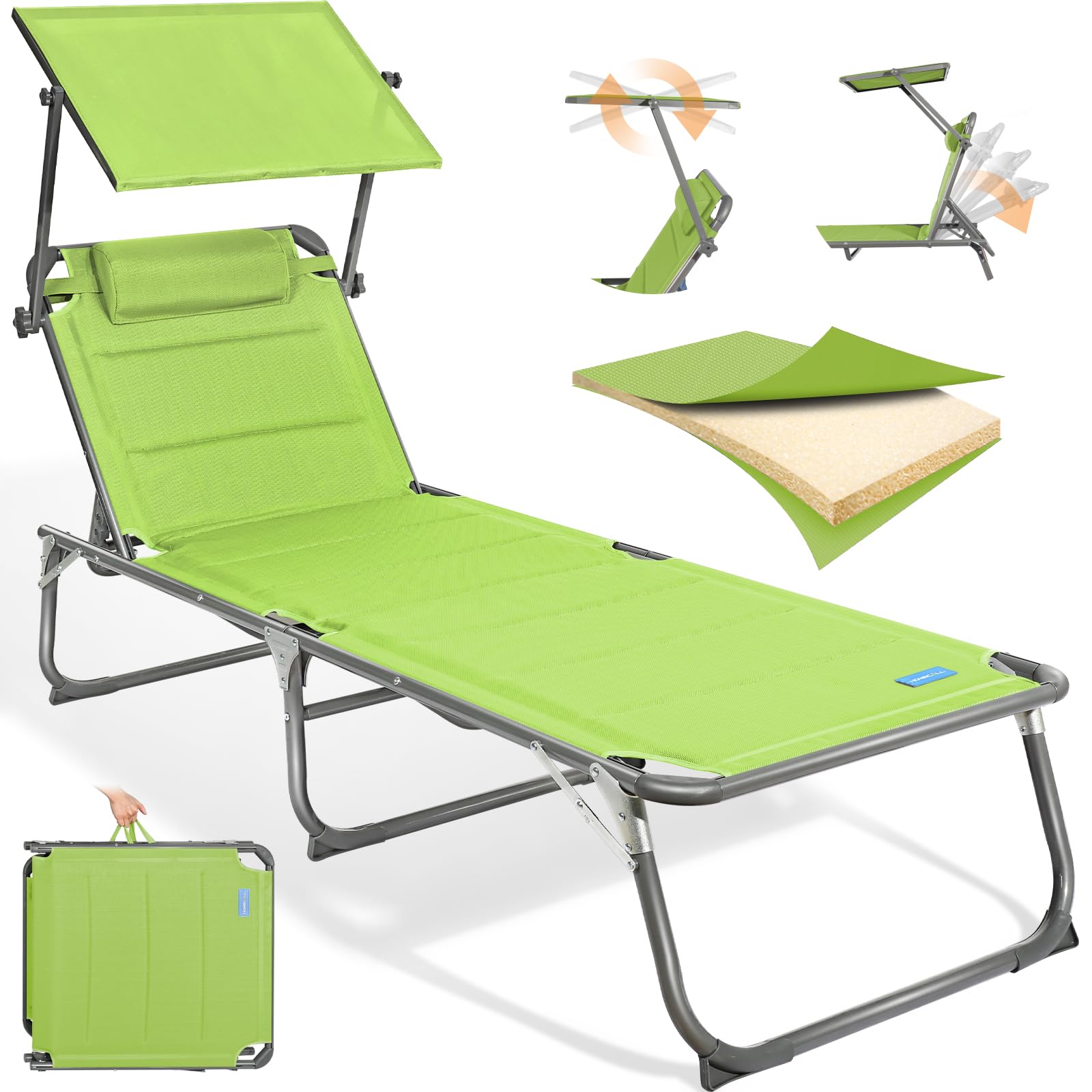 Homecall Sonnenliege Klappbar Gartenliege mit Dach, Kopfstütze, 5-Fach verstellbare Rückenlehne, Strandliege, Tragbarer Liegestuhl Bis 180 kg für Garten, Balkon