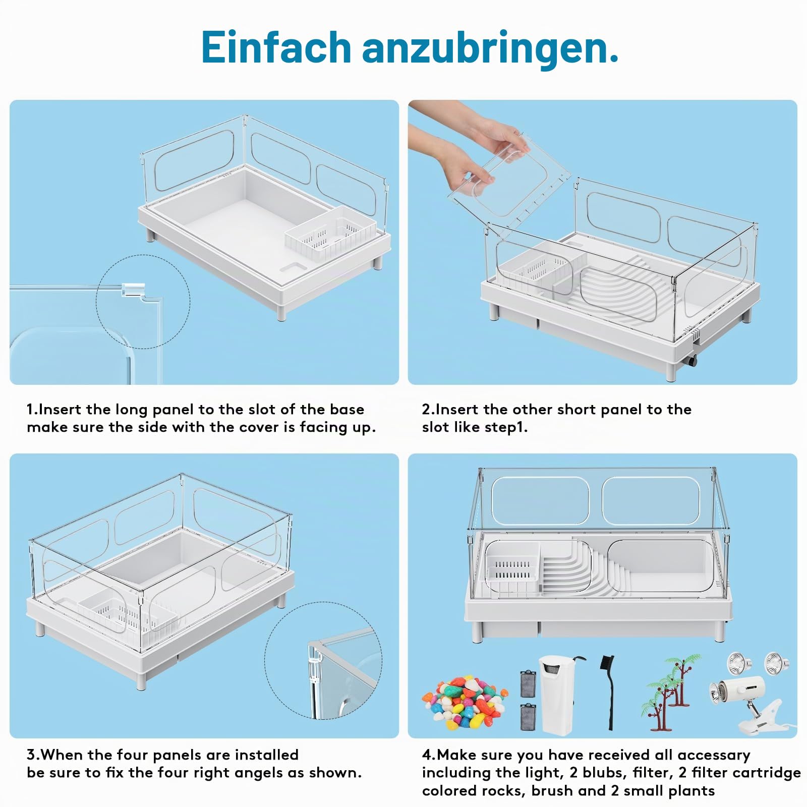 Geegoods Schildkröten-Tank-Set, kleines Schildkröten-Tank-Starter-Set, Schildkröten-Aquarium mit Licht, Filter, farbigen Felsen, Bürste und kleine Pflanze für Schildkröten, Krebse, kleine Reptilien