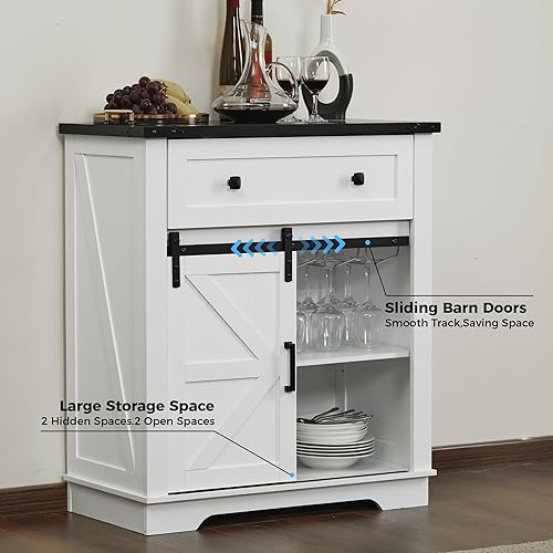 Miniatura 6 de Armario buffet con almacenamiento, gabinete de barra de café de granja con soporte para copa y cajón, aparador con puerta de granero para cocina,