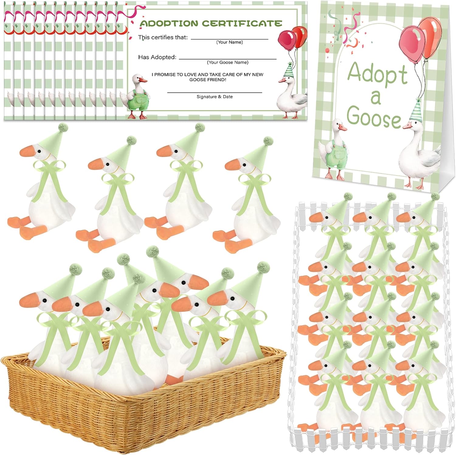 39 Pcs Adopt a Silly Goose Party Favor Include 12 Silly Goose Stuffed Animal 12 Mini Hat 12 Adoption Card 1 Adoption Sign 1 Ribbon 1 Fence for Baby Shower Party 1st Birthday Decoration