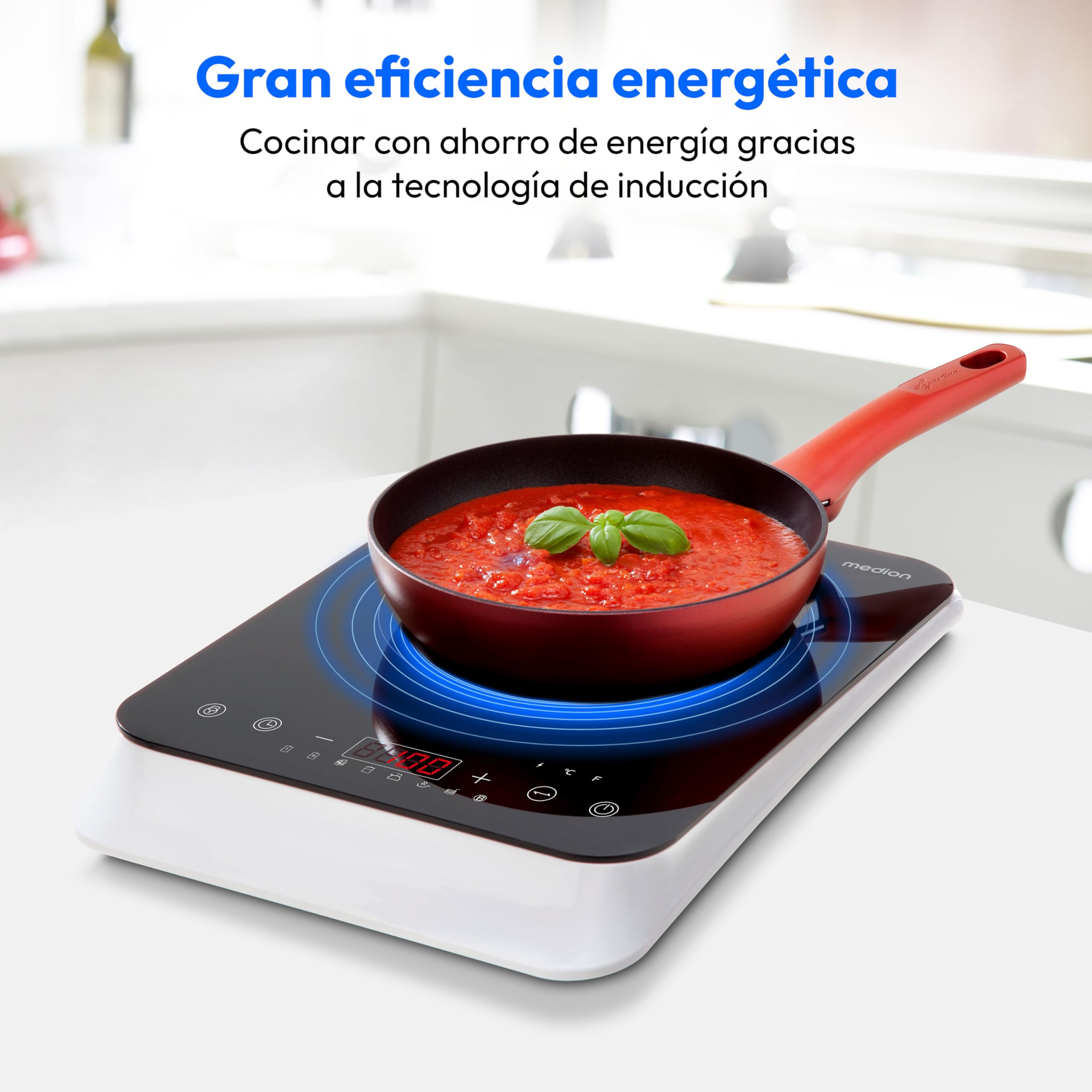 MEDION Placa de inducción (individual, 2000 vatios, placa de inducción, 8 programas automáticos, detección automática de ollas, sensor táctil, pantalla LED, 10 ajustes de temperatura, placa de cristal