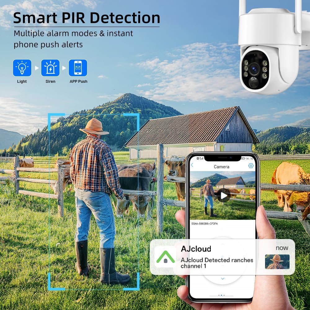 Camera detecting a person in a field, sending a phone alert