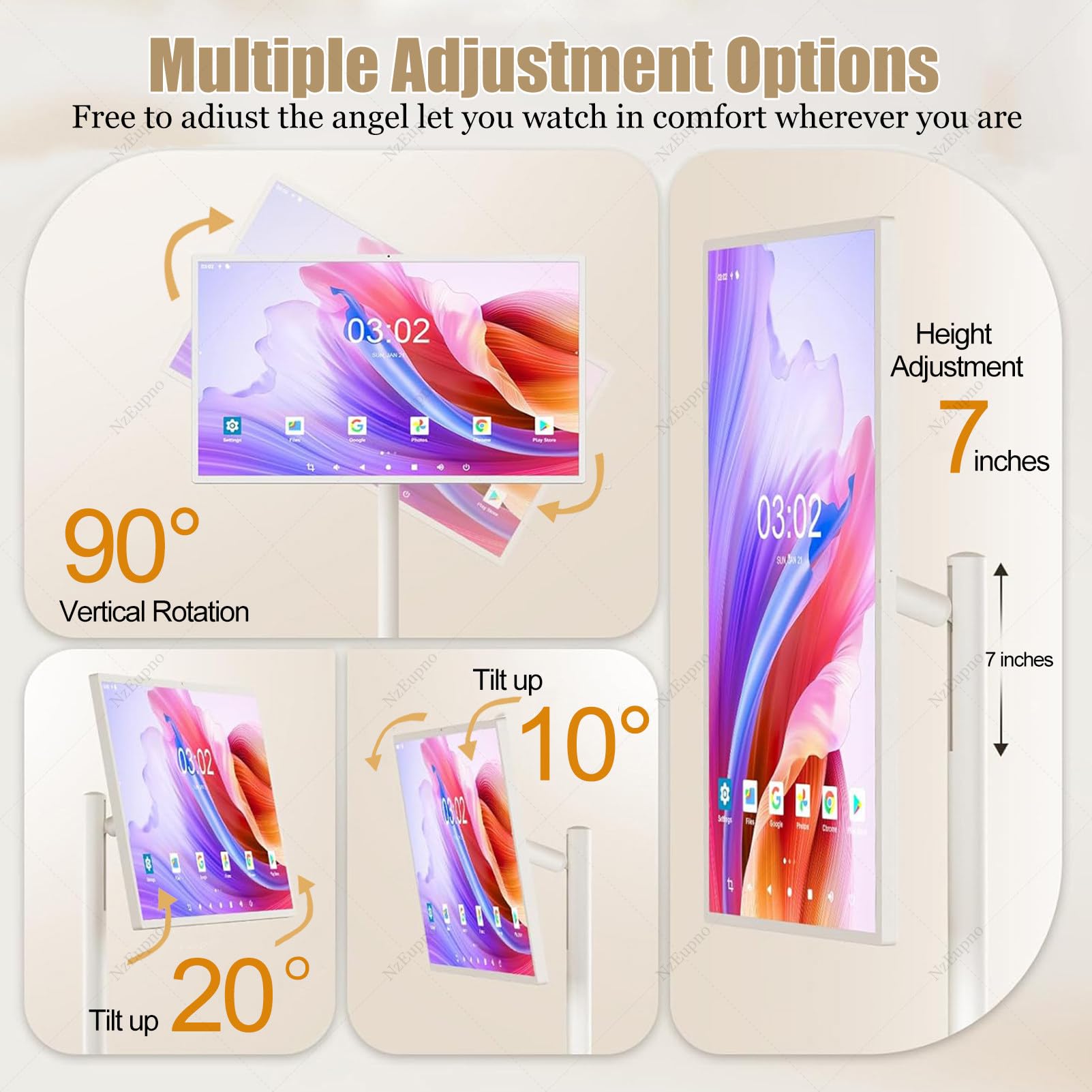 TéLéViseur Portable Intelligent avec TéLéCommande, Support TV Mobile | éCran Tactile sur Pied | TéLéViseur sans Fil sur roulettes | Batterie IntéGréE, Rotation ComplèTe White-4+64G