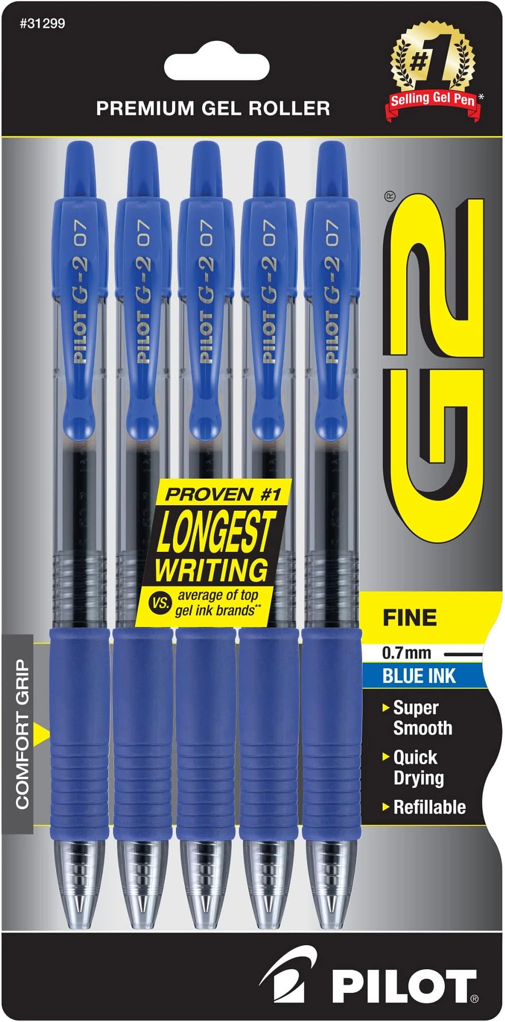 Pilot G2 Retractable Premium Gel Ink Roller Ball Pens, Fine Point, 5Pack, Blue Ink (31299