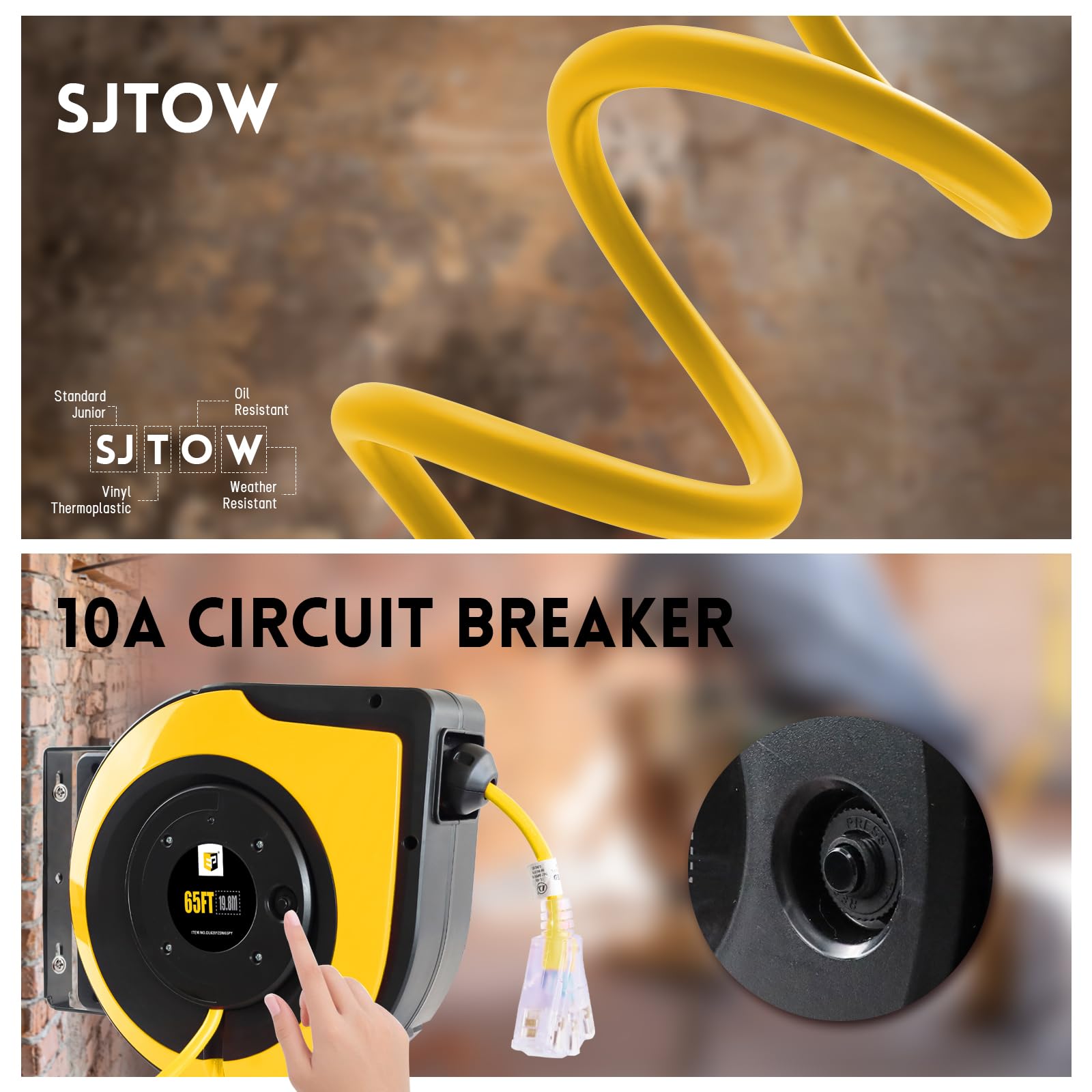EP Bobina di prolunga retrattile, 200 m, 14 AWG/3C SJTOW, cavo di alimentazione resistente, interruttore automatico da 10 A, prese triple a 3 luci, montaggio a soffitto o a parete, uso interno/esterno