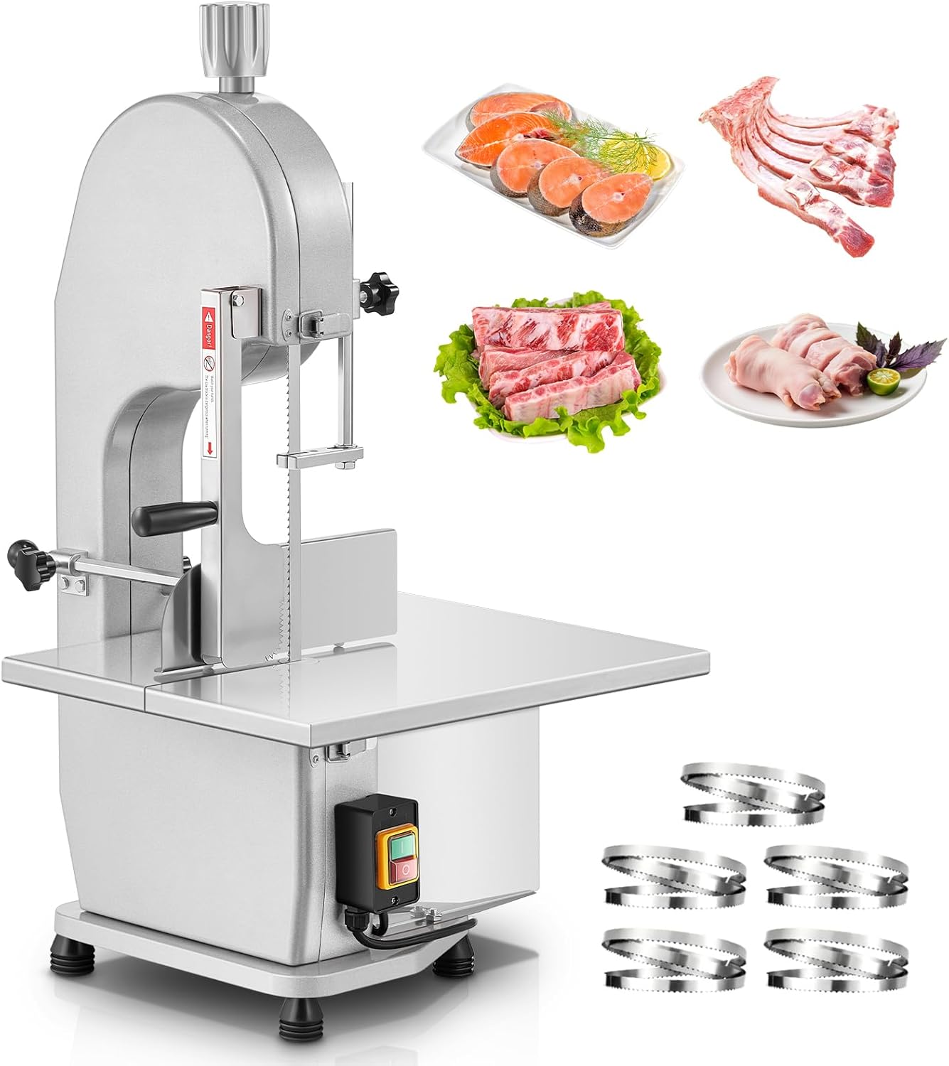 Commercial Electric Meat and Bone Band Saw, 1500W Stainless Steel Worktable Bone Saw Machine, Worktable 19.3" x 19.7", 0.04-7.09'' Cutting Thickness, Frozen Meat Cutter for Rib Pork Beef (5 Blades)