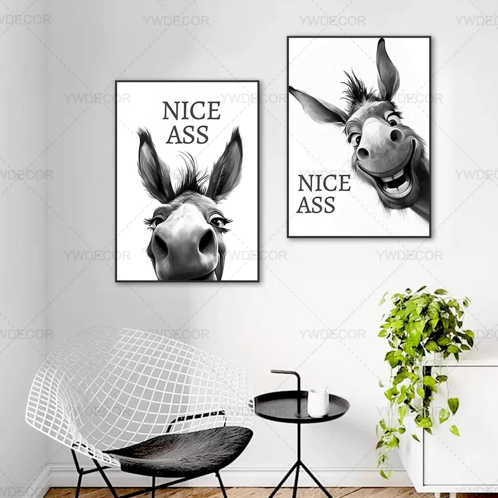 LMAIWANG Póster abstracto de burro con animales divertidos, pintura con frase Burro, lienzo, arte de pared, imágenes para decoración del hogar y el baño, 40 x 60 cm x 2 marcos