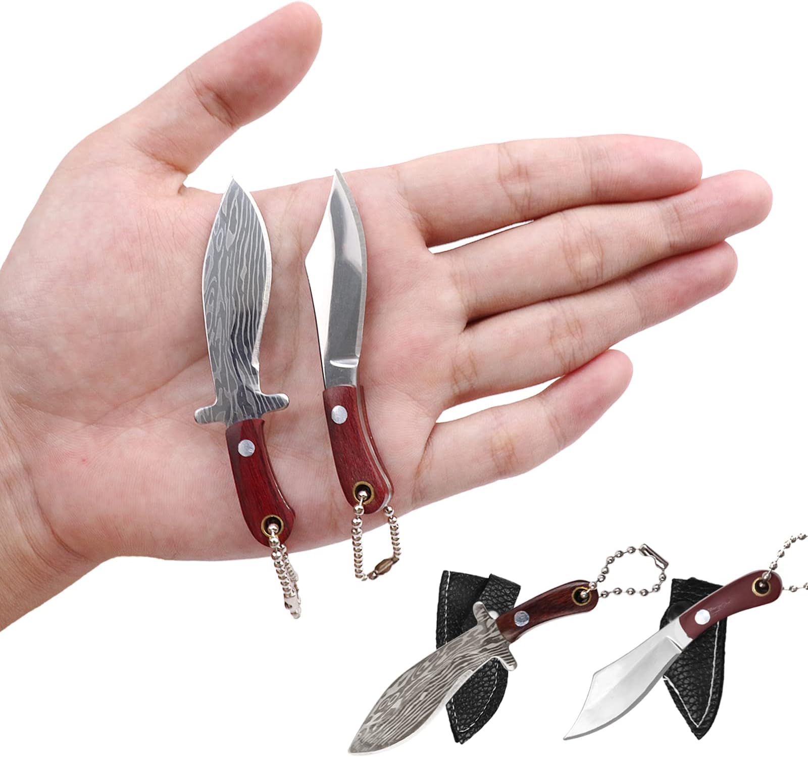 Mini Knives Set 2Pcs Damascus Pocket Knife Set with Sheath for Box Cutter Keychain Pendant Decoration