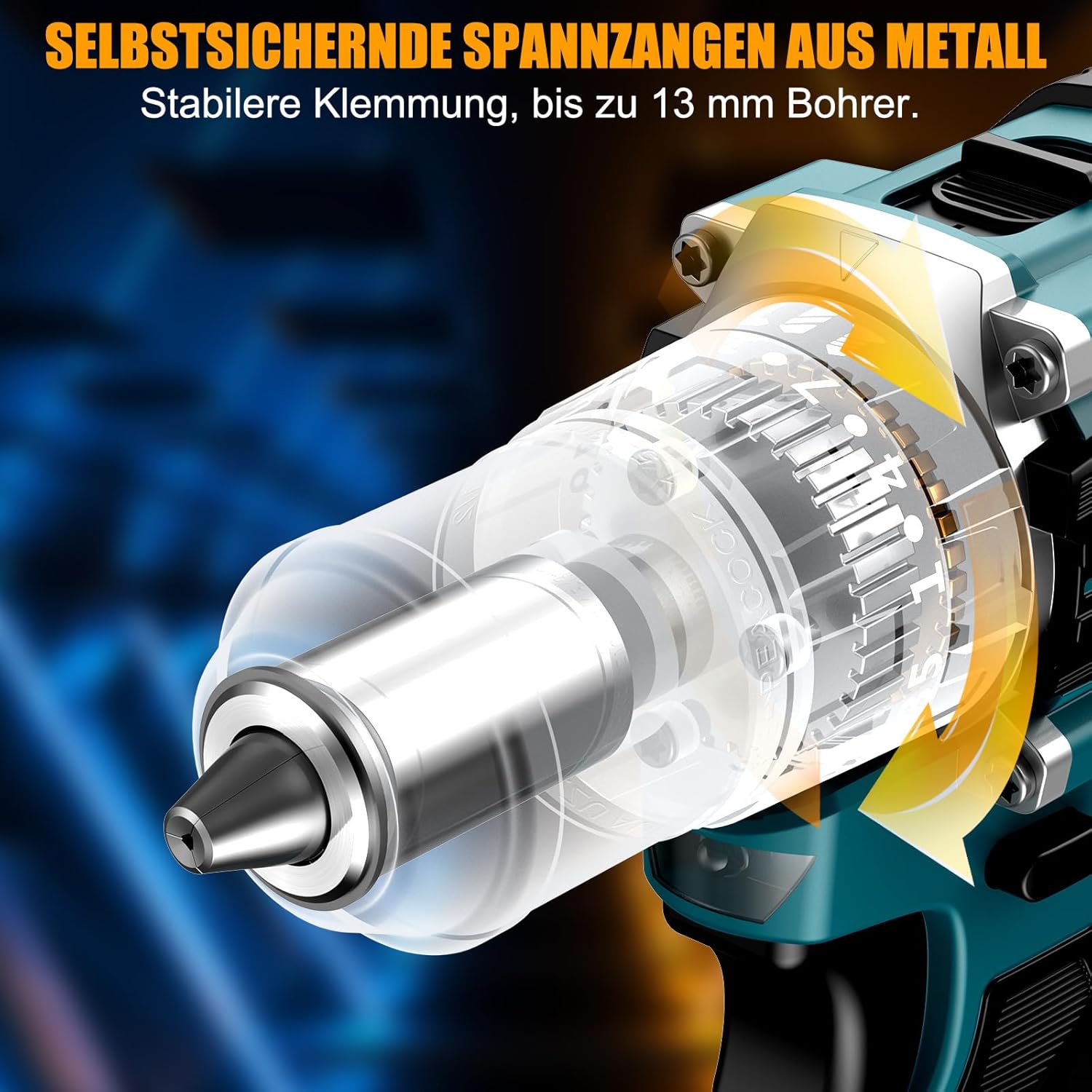 Close-up of the self-locking metal chuck on the Conentool drill