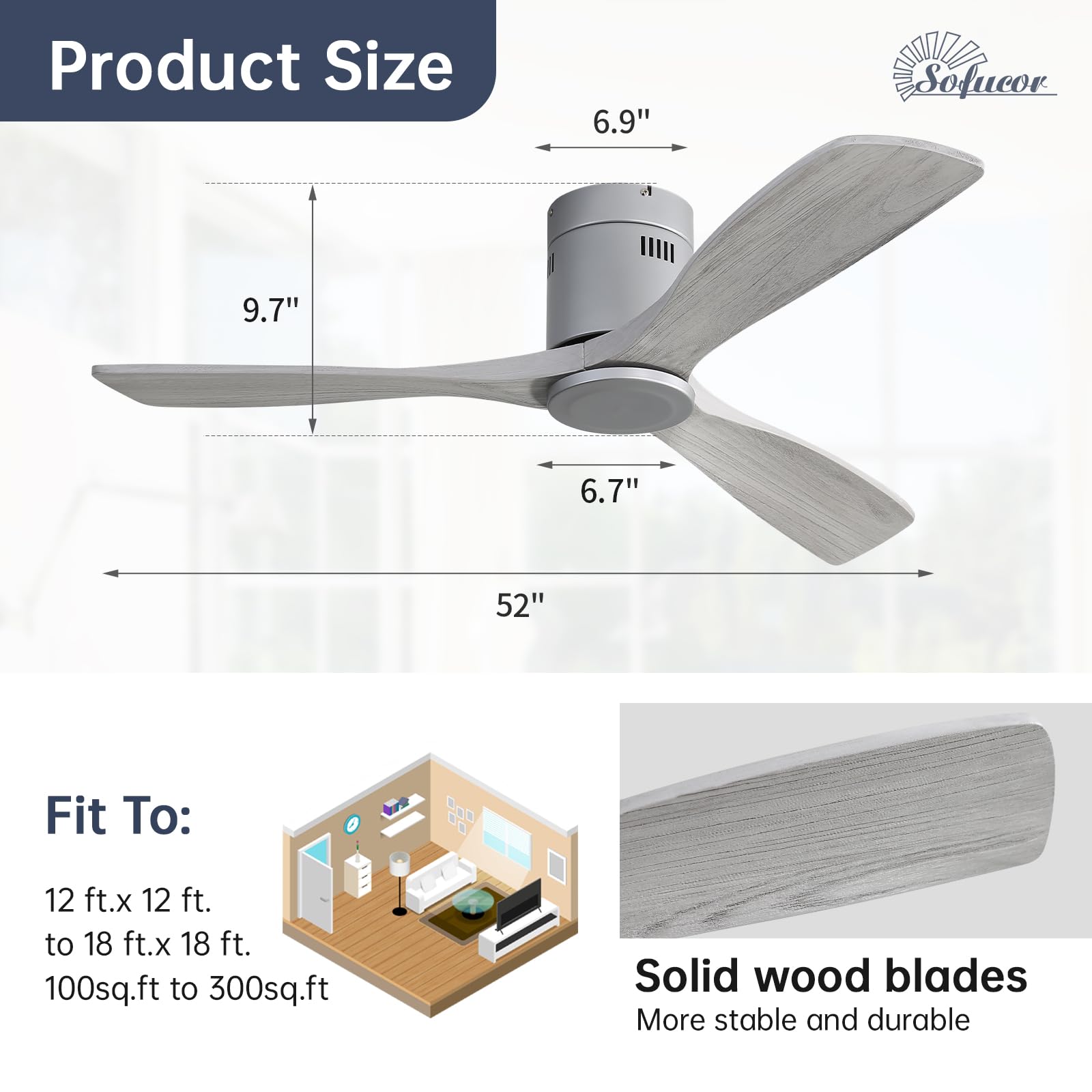 Sofucor Ventilateur de Plafond avec Télécommande, 132 cm, Bois Massif, 3 Pales, Télécommande, 6 Vitesses, Moteur DC Silencieux, Minuterie pour Chambre