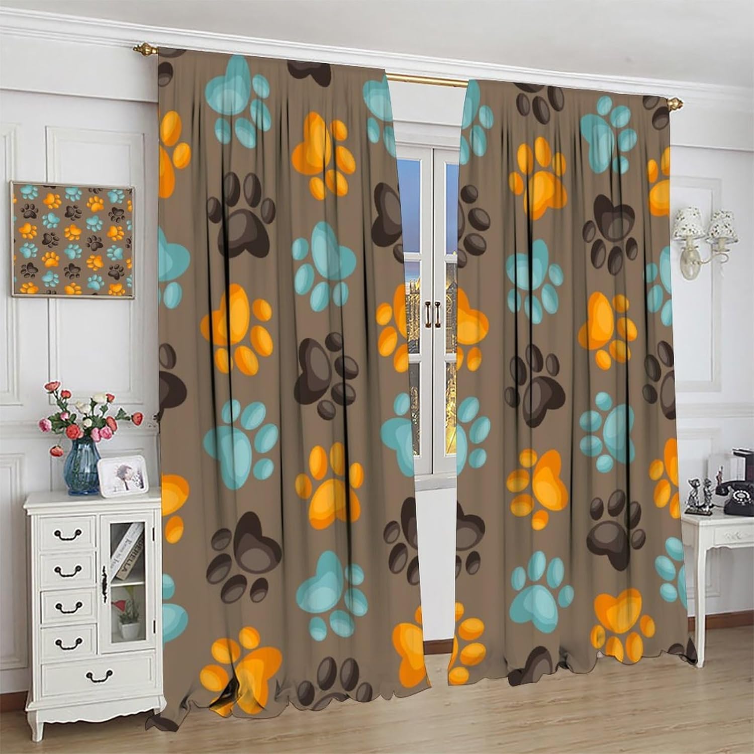 Cute Dog Curtains Hand Drawn Paw Print Doodles Pattern Animal Blackout Window Drapes for Living Room Kitchen Cafe （W21xL45 Inch） x2 Panels
