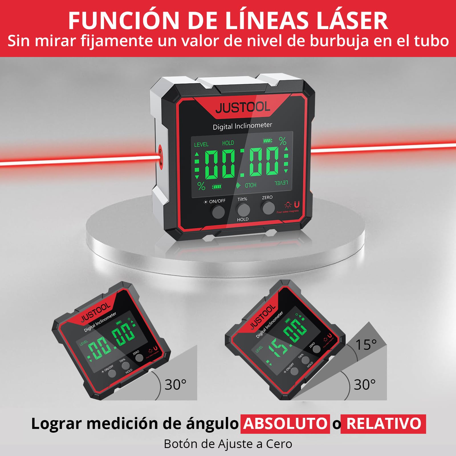 JUSTOOL Inclinómetro digital 4 * 90 con Pantalla LED-Nivel digital 4 lados magnéticos-Transportador láser electrónico Recargable-IP54 Impermeable para Carpintería,Construcción etc