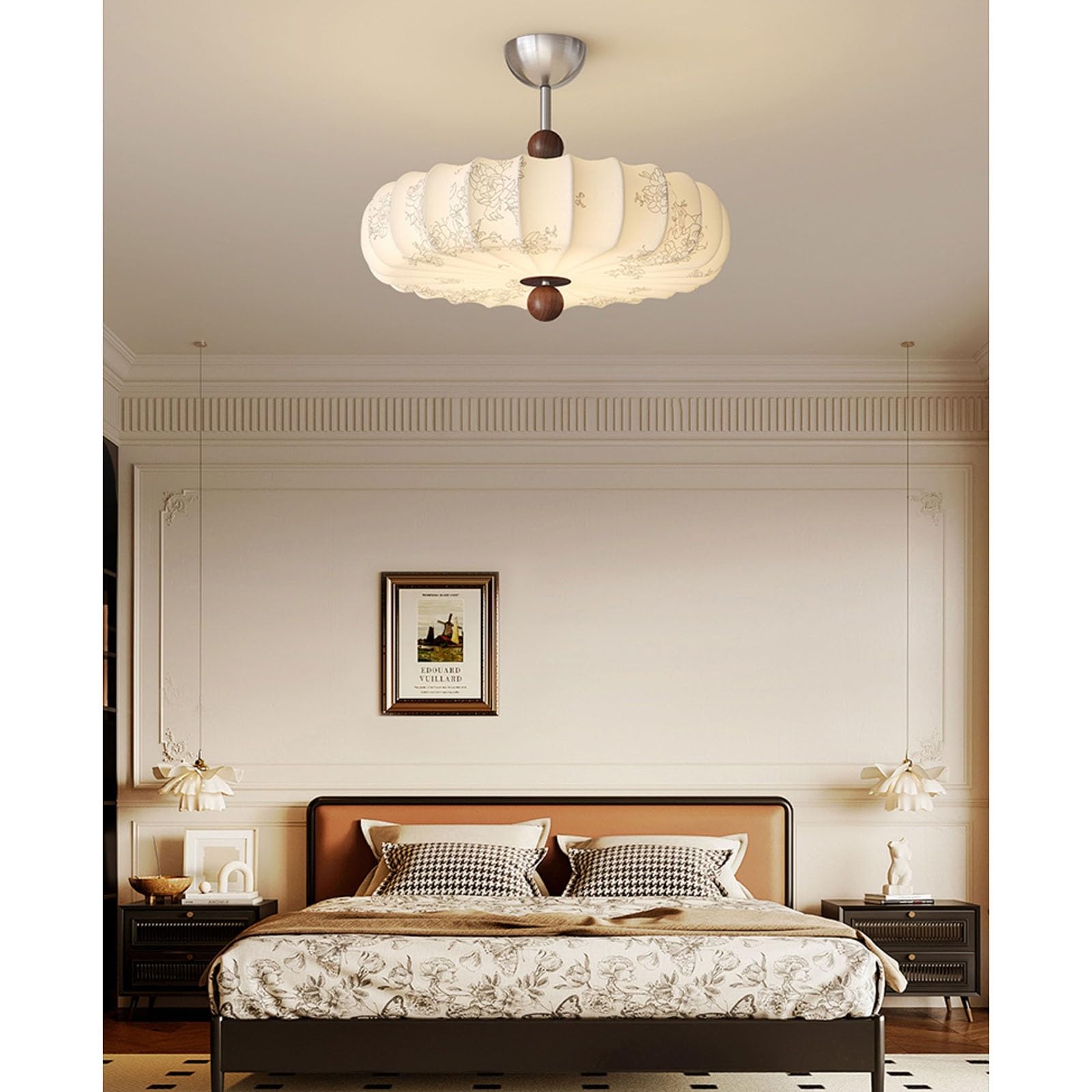 Nowoczesna Lampa Sufitowa z Abażurem z Tkaniny w Kwiaty, Wykończenie w Kolorze Orzecha Włoskiego, ściemnialna Lampa Sufitowa, Eleganckie, Delikatne Oświetlenie do Salonu, Gabinetu, Biura(45cm/17.7in)