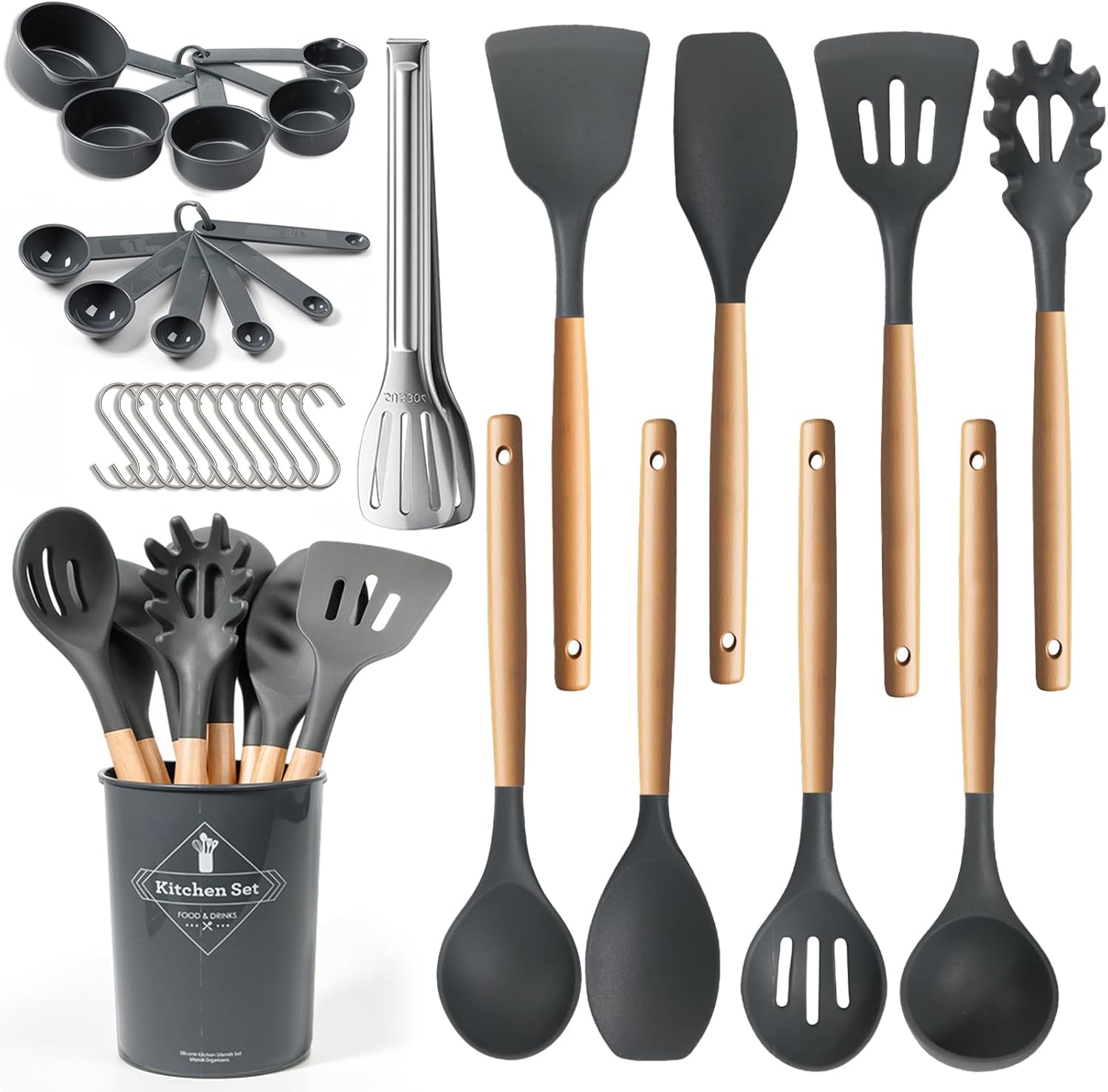 77L Silicone Cooking Utensils Set with Holder 32 PCS, Non-Stick Kitchen Cooking Utensils Set, Spatula, Turner, Tongs, Spatula, Spoon, Wooden Handle Kitchen Gadgets Utensil Set, Dishwasher Safe 77L Silicone Cooking Utensils Set with Holder 32 PCS, Non-Stick Kitchen Cooking Utensils Set, Spatula, Turner, Tongs, Spatula, Spoon, Wooden Handle Kitchen Gadgets Utensil Set, Dishwasher Safe