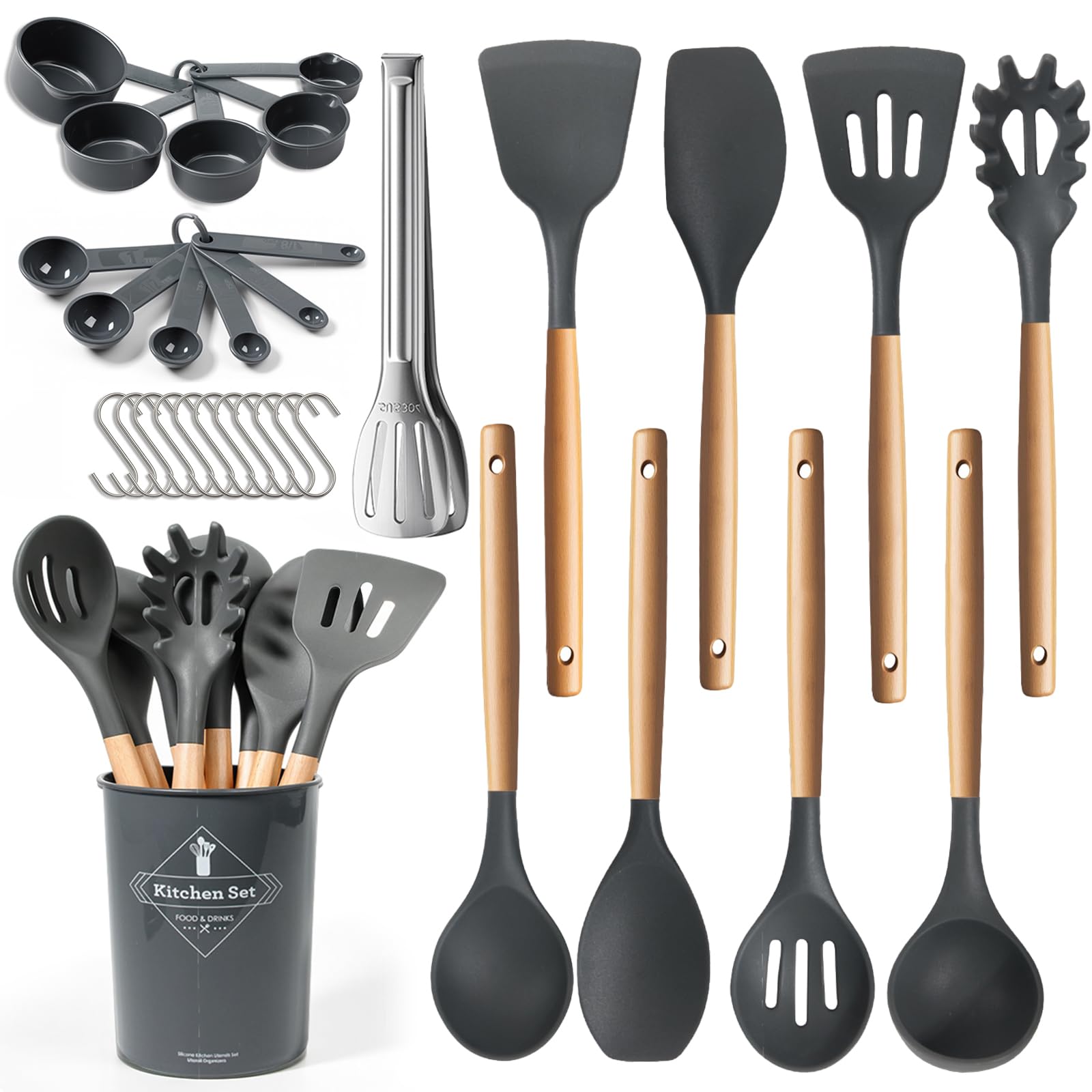 77L 32-piece gray silicone utensil set with wooden handles