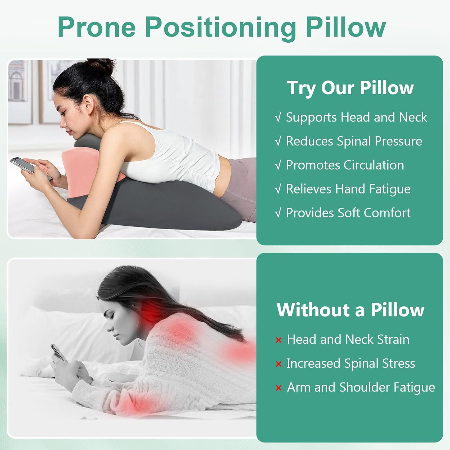 Memory Foam Wedge Pillow, Prone Pillow for Headboard and Bed, Multifunctional Reading Pillow Ergonomic Support for Back Pain, Acid Reflux, Sitting Up - Back Cushion with Removable Cover, Vacuum Packed