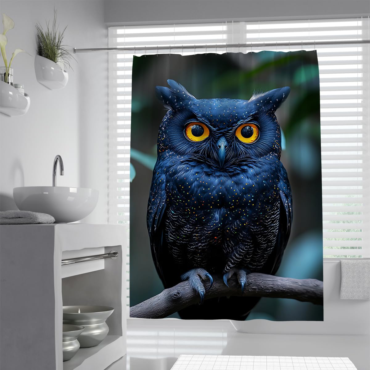 UIRINGART Mystic Owl Bath Curtains W120xL180cm Machine Washable Mold Resistant Blue Night Forest Animal Artwork Fabric Bathroom Screen Rustproof Grommets Tub Liners