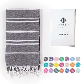 Hencely Turkish Beach Towel 37x68 Oversized, Sand-Free, Quick-Dry, Lightweight - Travel Essential for Pool & Bath - Striped 100% Cotton Bathroom Towels Accessories Gift Black
